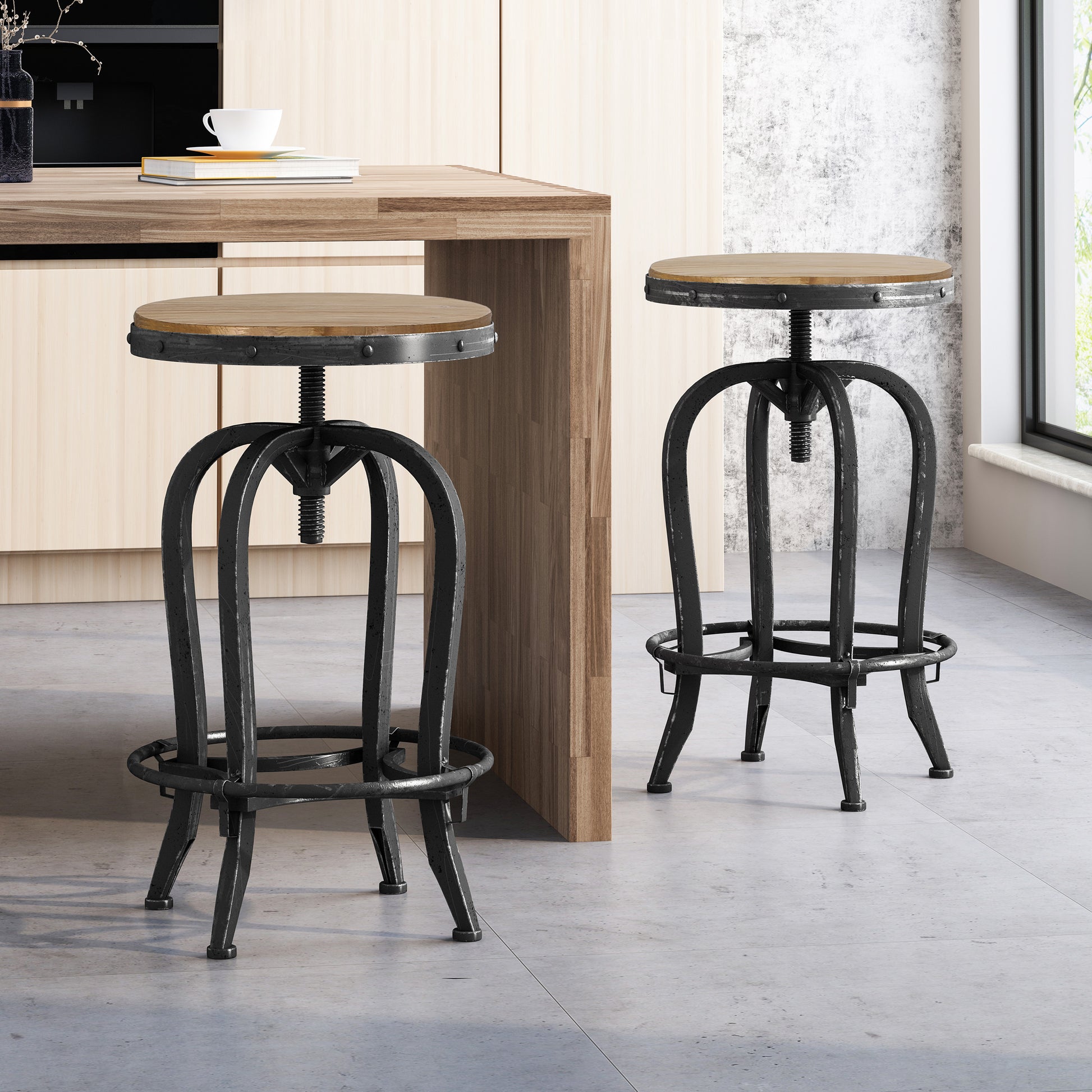 Industrial Firwood Adjustable Height Swivel Barstools Set Of 2 Natural,Pewter Metal & Wood