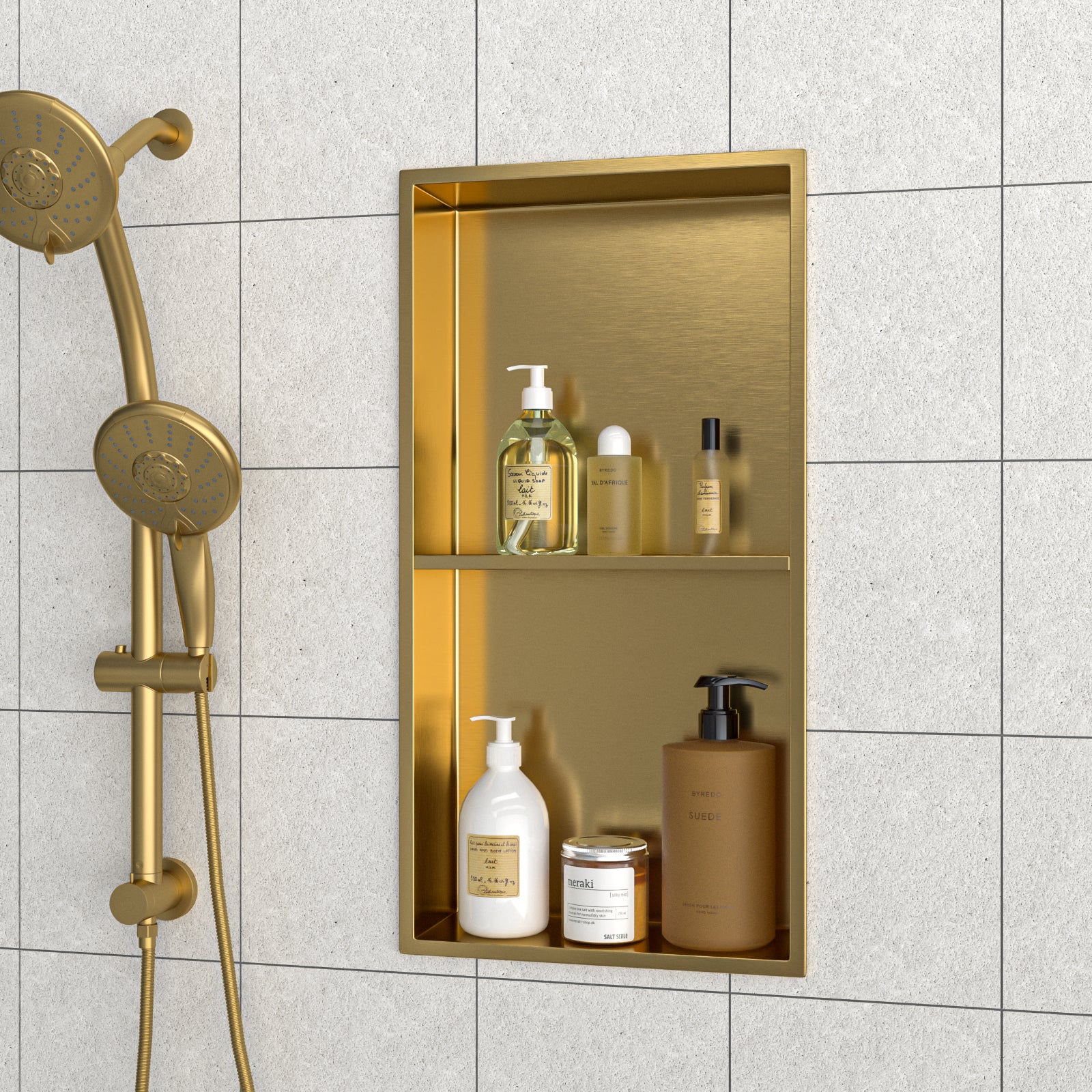 13" X 25" Stainless Steel Shower Niche Double Shelf, Gold Gold Stainless Steel