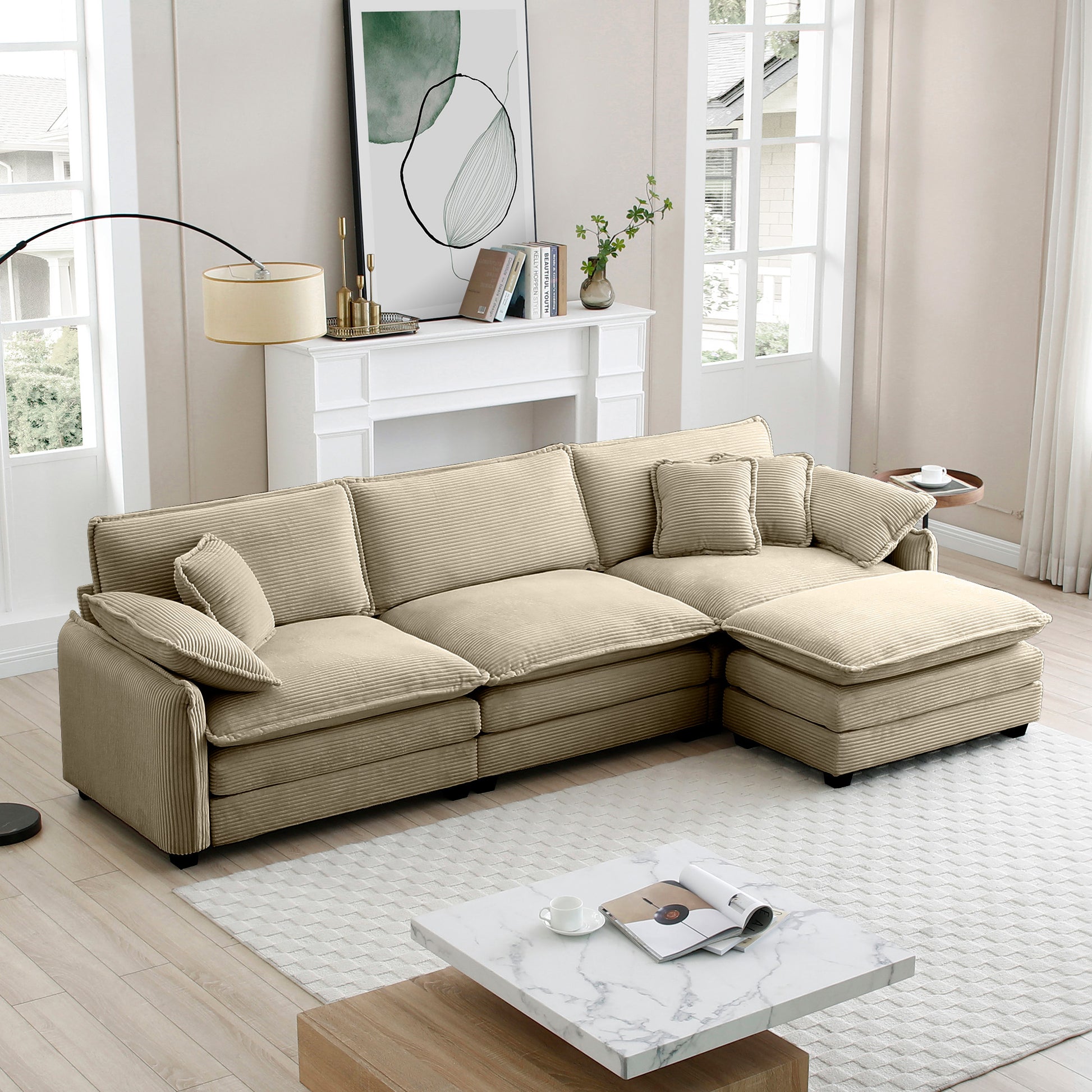 Oversize 3 Seater Sofa With One Footrest, L Shaped Sectional Sofa With Ottoman For Living Rooms,Tan Corduroy Sofa Tan Corduroy 3 Seat