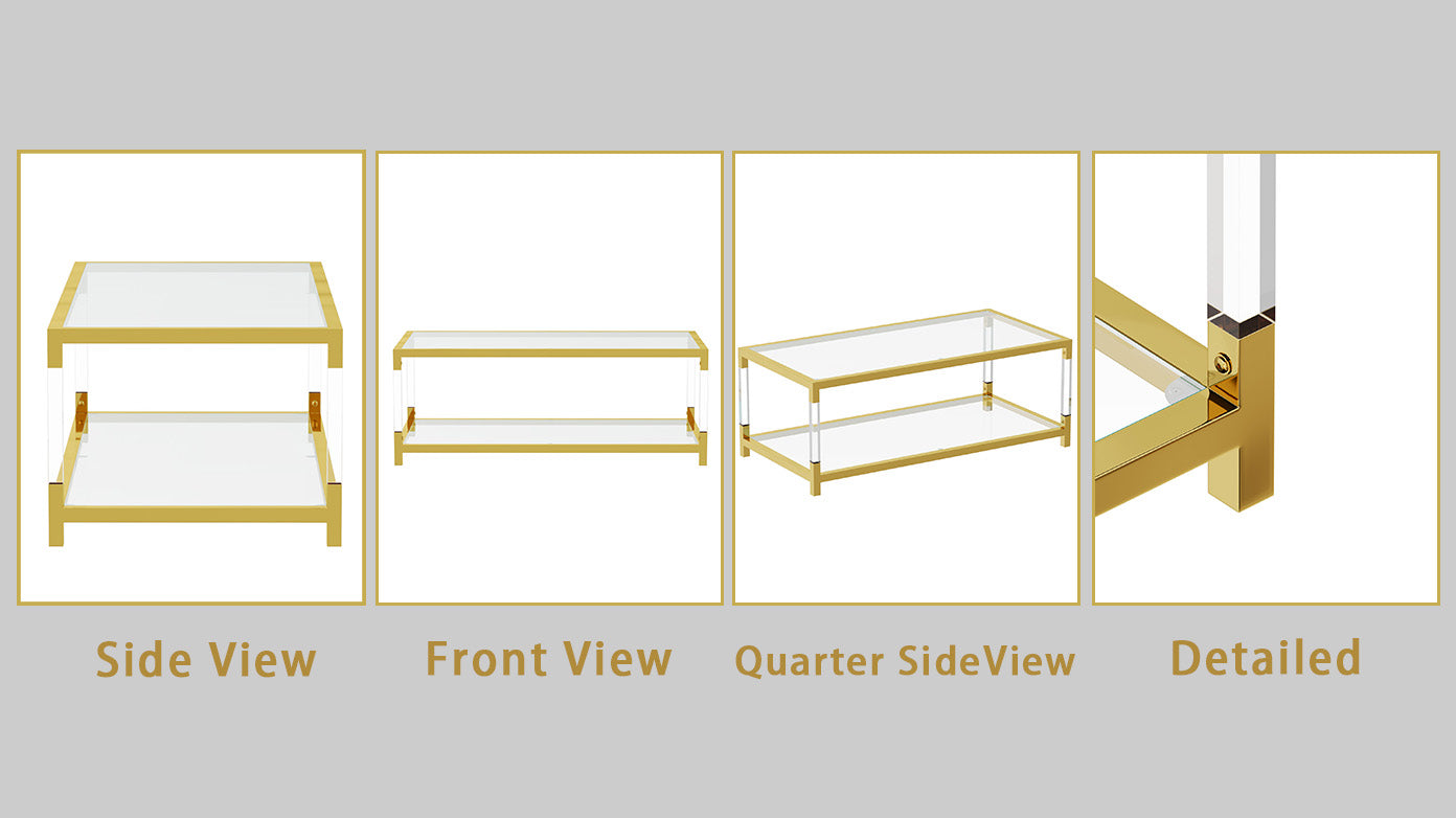 Modern Minimalist Living Room Furniture Set, Stylish Transparent Acrylic Leg Coffee Table, Square Edge Table, Tempered Glass Face Tea Table Combination Gold End Table Golden,Transparent Glass Acrylic