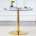 A 35 Inch Diameter Glass Top And A Modern, Minimalist Round Dining Table With Gold Metal Legs. Ideal For Dining Rooms, Living Rooms And Meeting Rooms. Model: Dt 1166 Gold Glass Metal