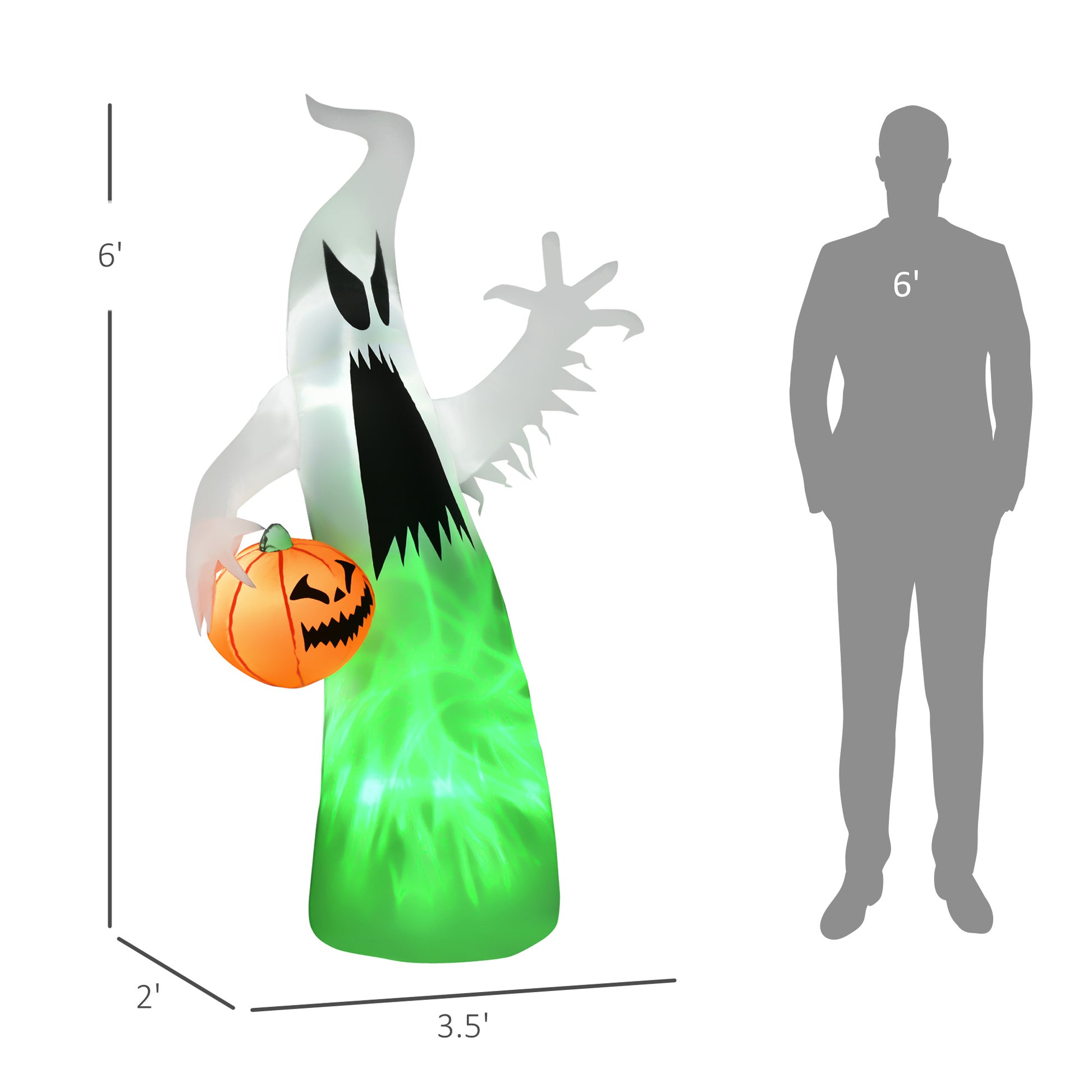 Homcom 5.9' Halloween Inflatable Outdoor Decoration Ghost With Pumpkin, Blow Up Led Yard Decor For Garden, Lawn, Party, Holiday, Waterproof, Green White Polyester