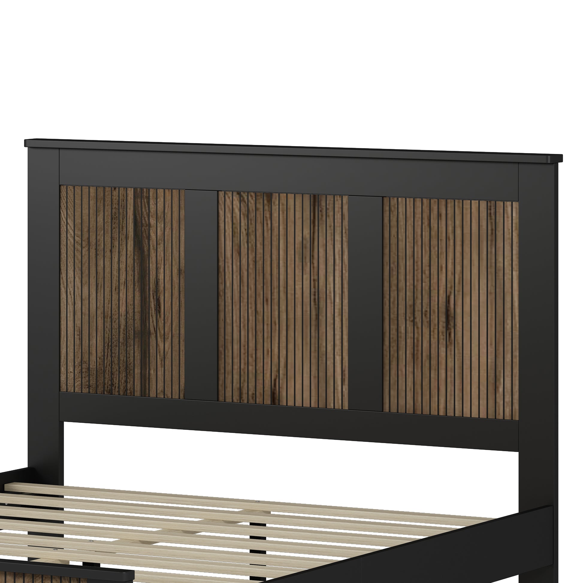 Farmhouse Wooden Platform Full Size Bed, Modern Platform Bed With Wooden Strip Decoration, Plywood Slats Support, Black Full Black Particle Board
