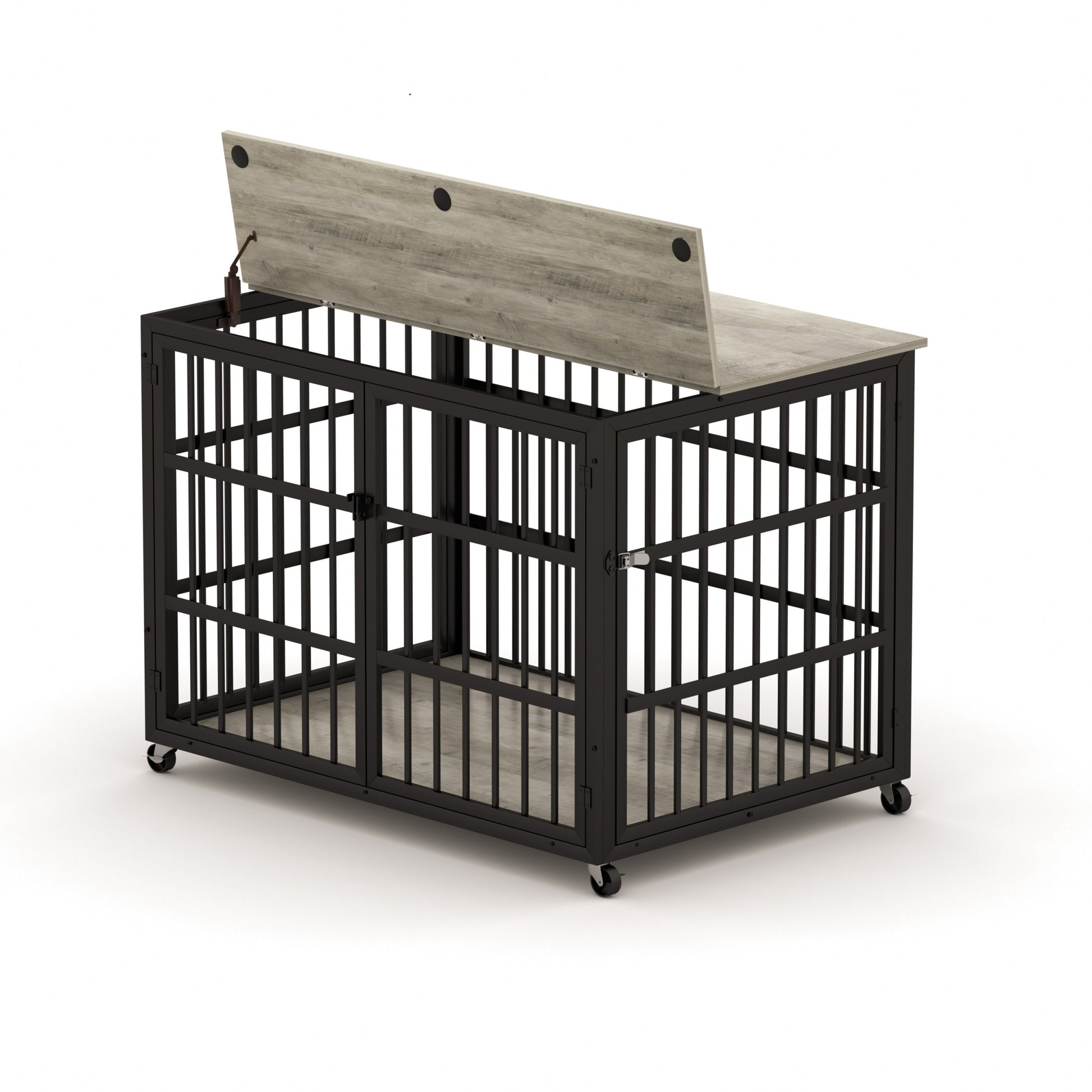 Furniture Style Dog Crate Wrought Iron Frame Door With Side Openings, Grey, 38.4''W X 27.7''D X 30.2''H. Grey Particle Board