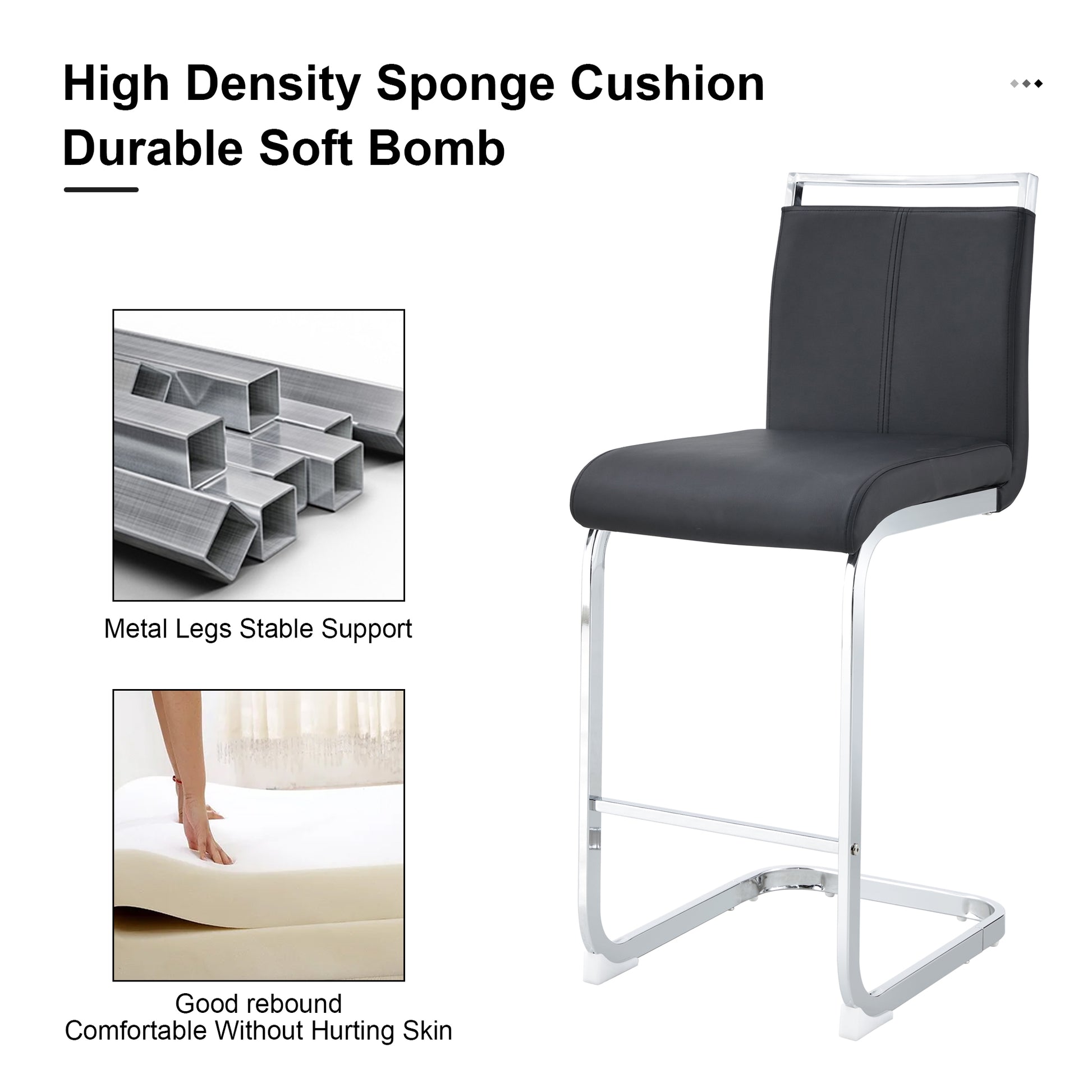 Table And Chair Set. A Rectangular Glass Dining Table With A 0.4 Inch Tempered Glass Tabletop And Mdf Board V Shaped Bracket, Paired With 2 Chairs Consisting Of Pu Seat Cushions And Silver Metal Legs. Black Seats 2 Tempered Glass