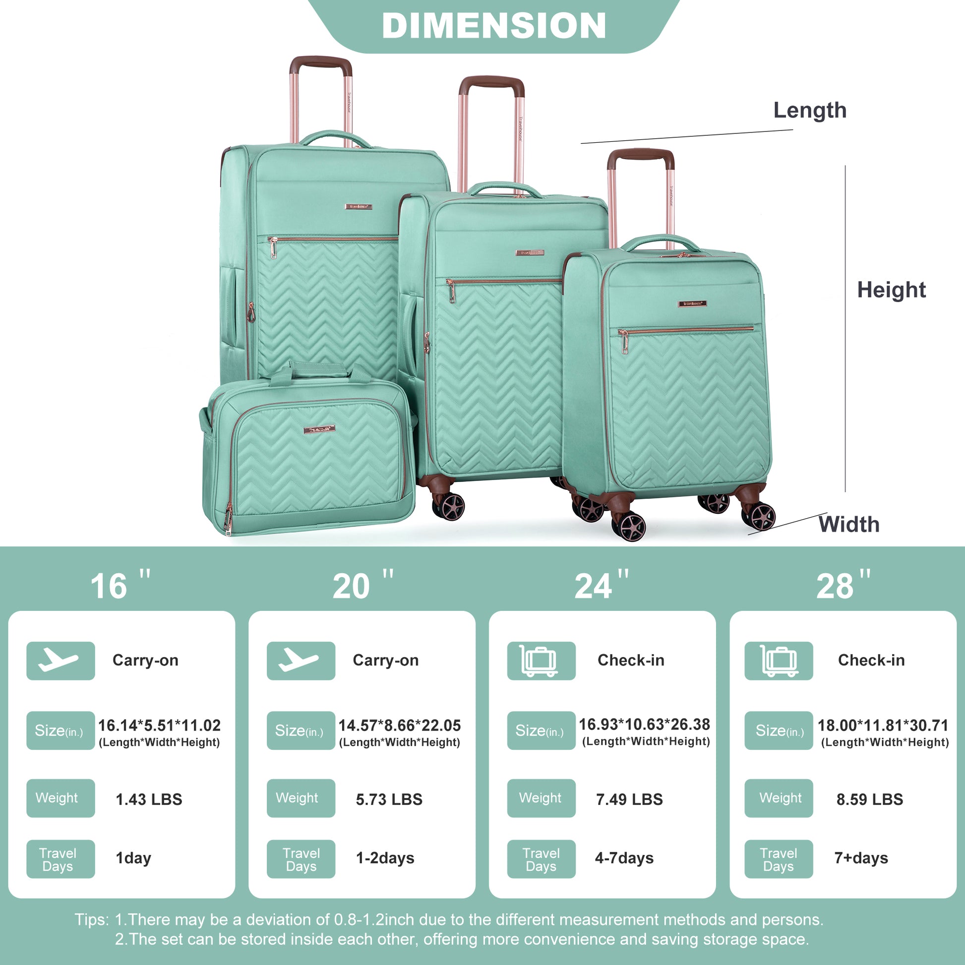 4 Piece Set 16 20 24 28 ,Softshell Suitcase Spinner Wheels Terylene Luggage Sets Carry On Suitcase Luggage Lightweight Durable Suitcase Green Green Polyester