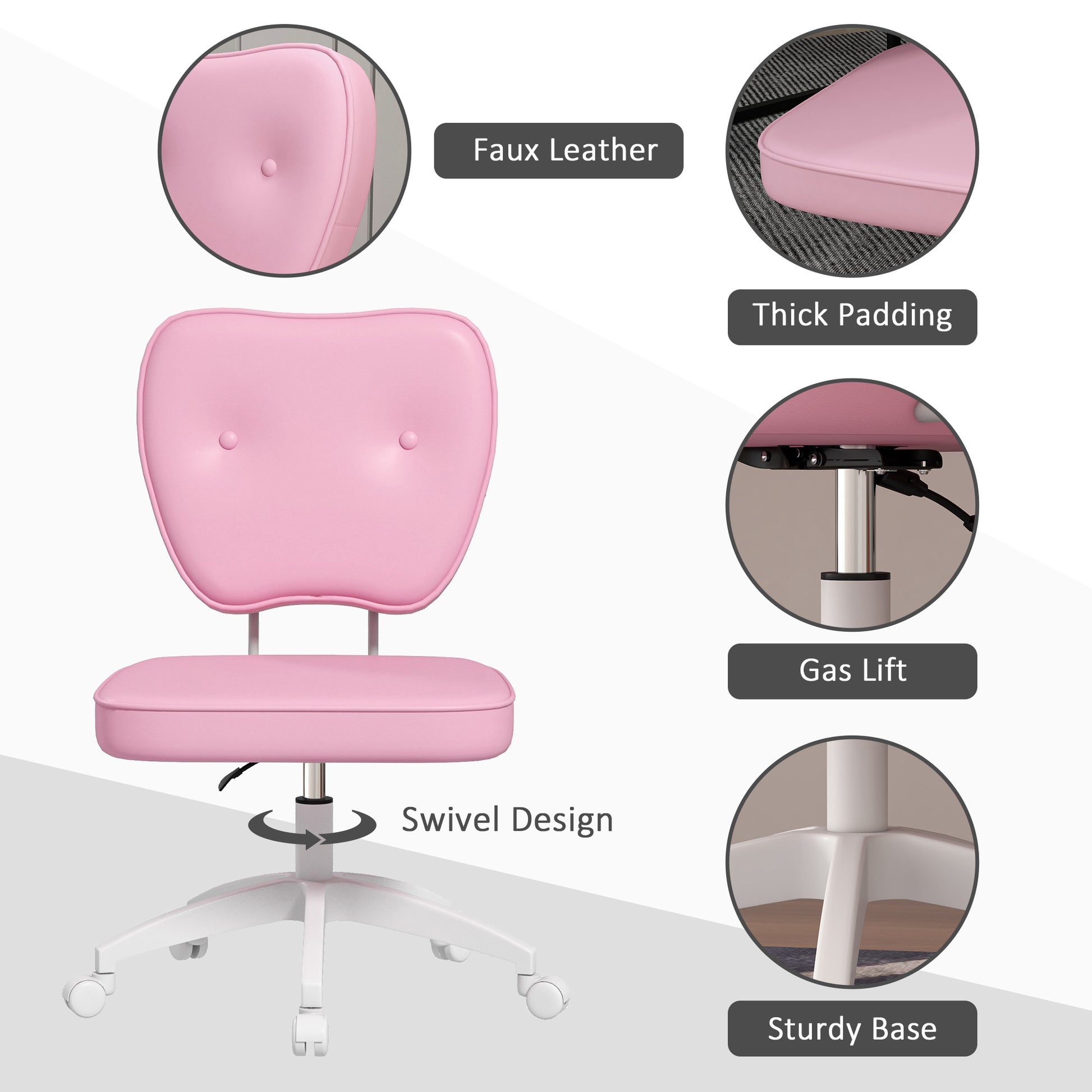 Vinsetto Cute Armless Office Chair, Small Pu Leather Computer Desk Chair, Vanity Task Chair With Adjustable Height, Swivel Wheels, Mid Back, Pink Pink Faux Leather