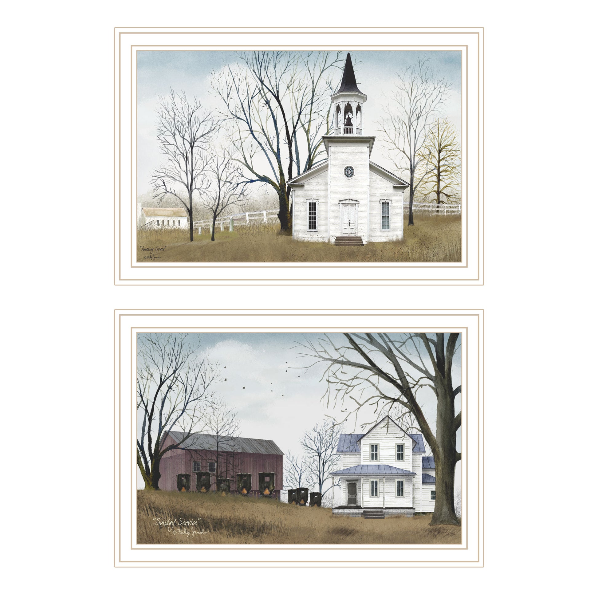 2 Piece Vignette Amazing Grace Sunday Service White Framed Wall Art For Living Room, Bedroom Wall Art Print For Home Decor By Billy Jacobs Multicolor Wood Paper