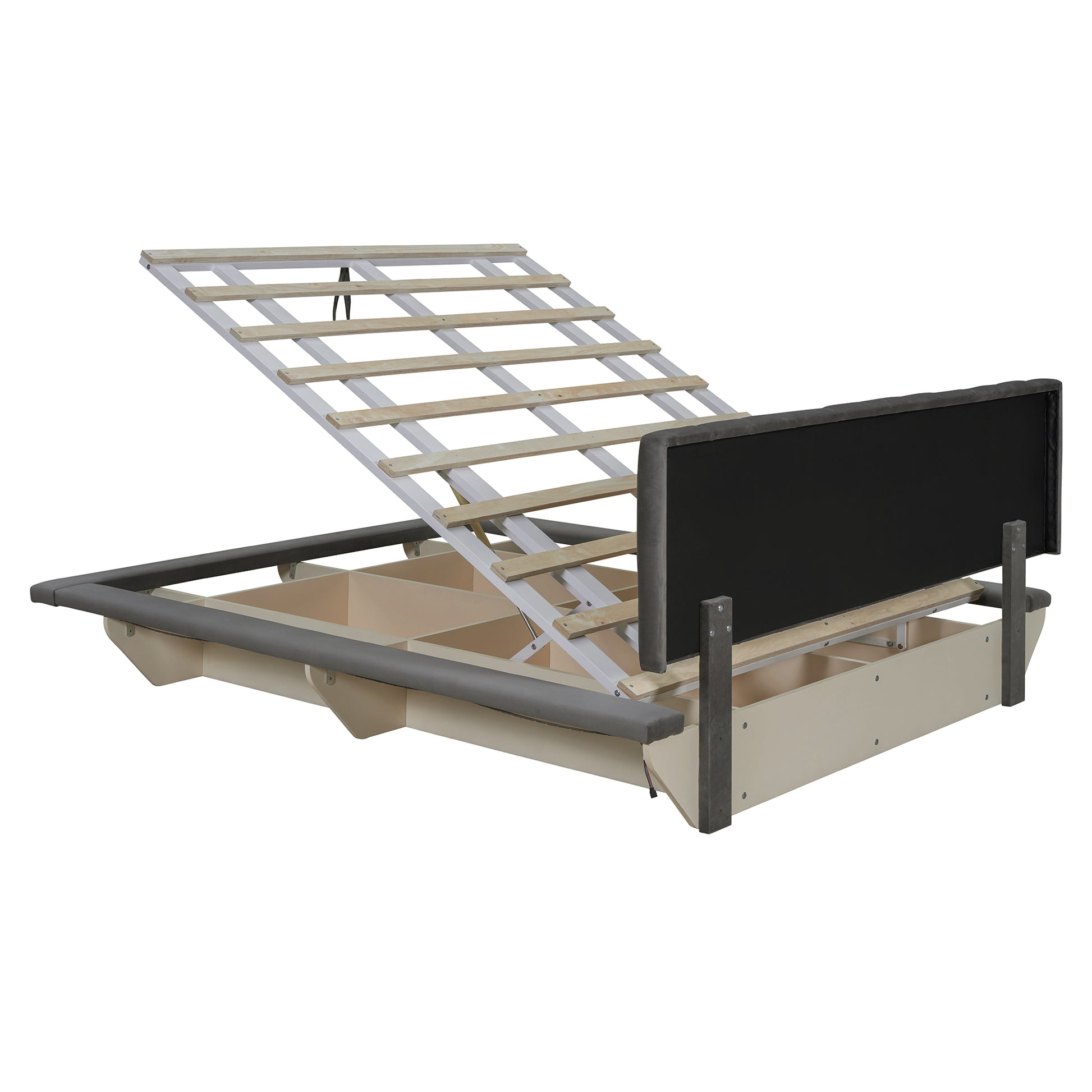Queen Size Upholstered Floating Bed With Led Light And Usb Port, Velvet, Gray, Hydrualic Platform Bed Queen Gray Velvet