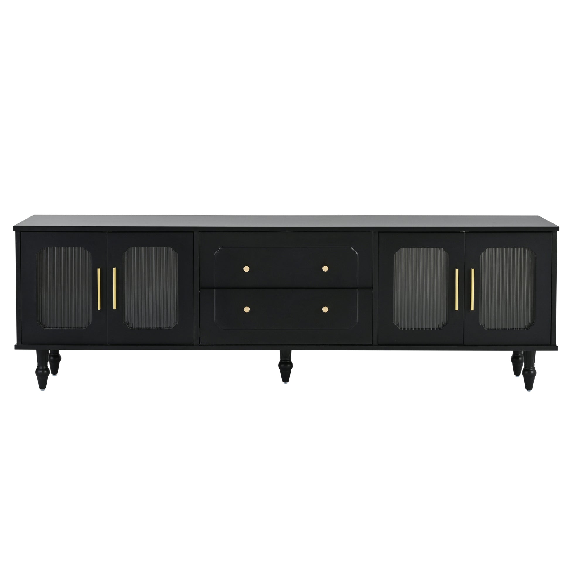 Retro Design Tv Stand With Fluted Glass Doors For Tvs Up To 78'', Practical Media Console With 2 Drawers And Cabinets, Elegant Entertainment Center For Living Room, Black Black Primary Living Space 70 79 Inches 70 79 Inches Particle Board