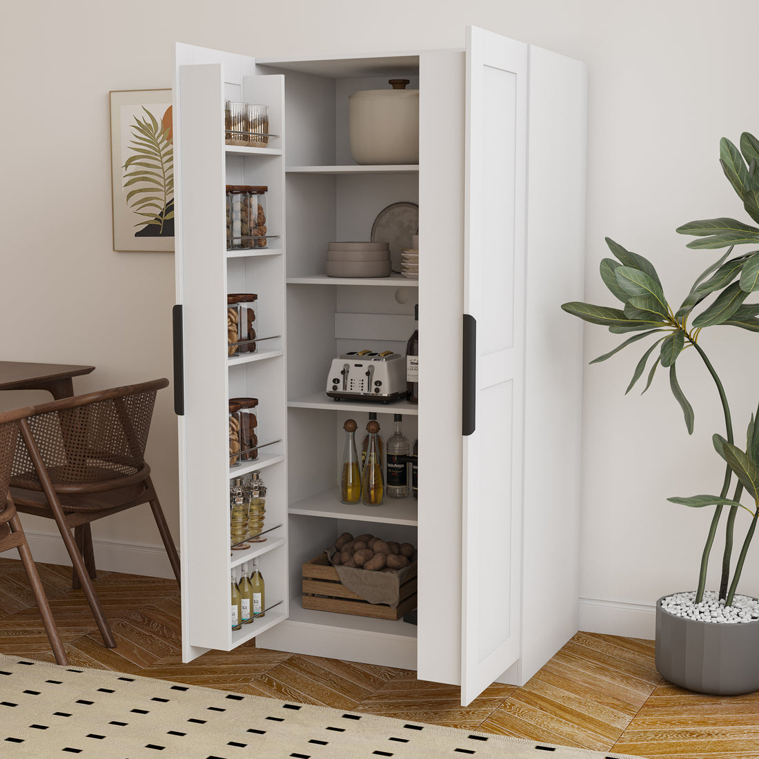 62.99In Kitchen Pantry Cabinet, White Freestanding Buffet Cupboards Sideboard With Doors & Shelves, Kitchen Pantry Storage Cabinet For Kitchen, Living Room And Dinning Room White Mdf