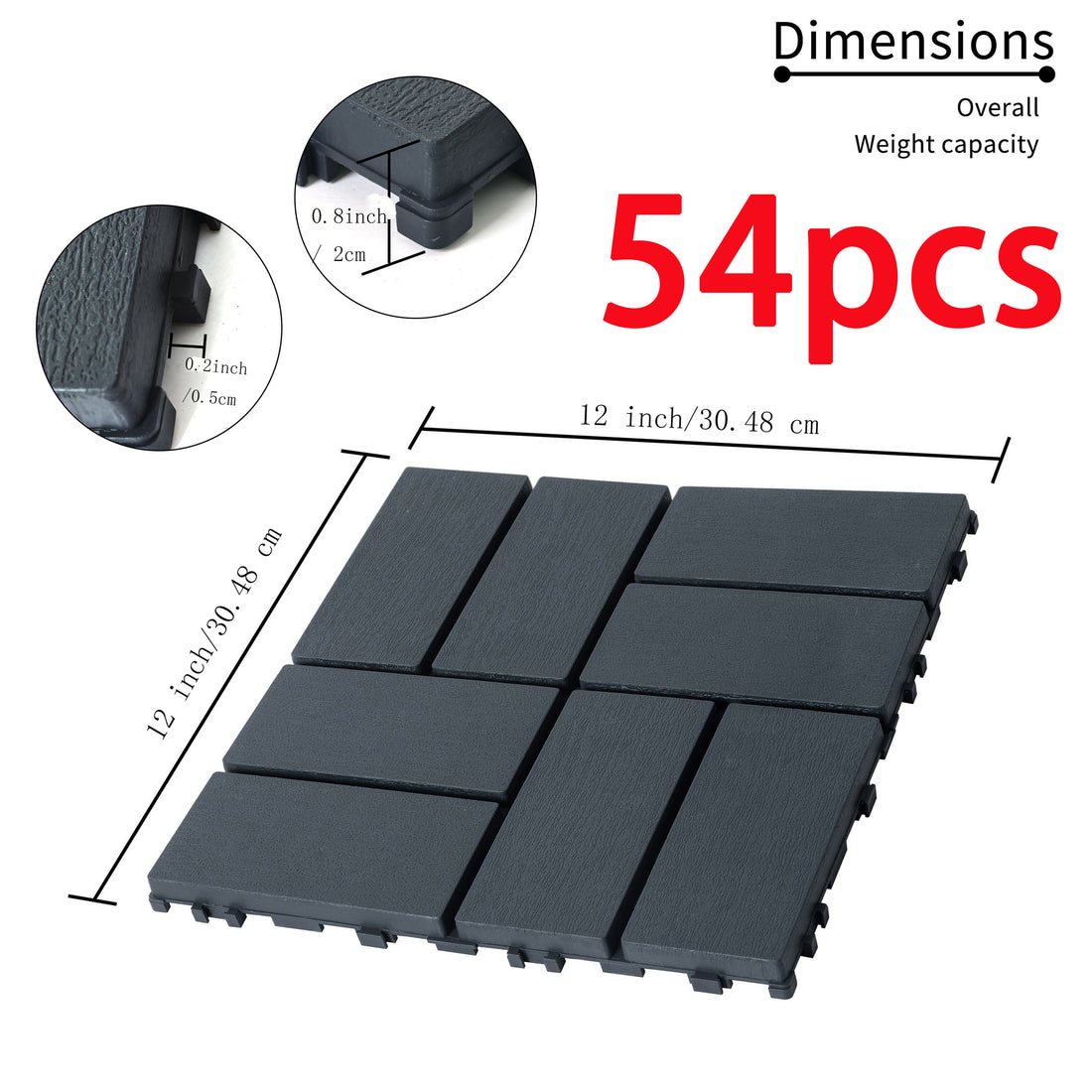 54 Pack Interlocking Plastic Deck Tiles 12"X12" Square Waterproof Outdoor Poolside Balcony Backyard Decking Tiles Easy Installation Sturdy Pp Material Strong Load Bearing Capacity Grey Plastic