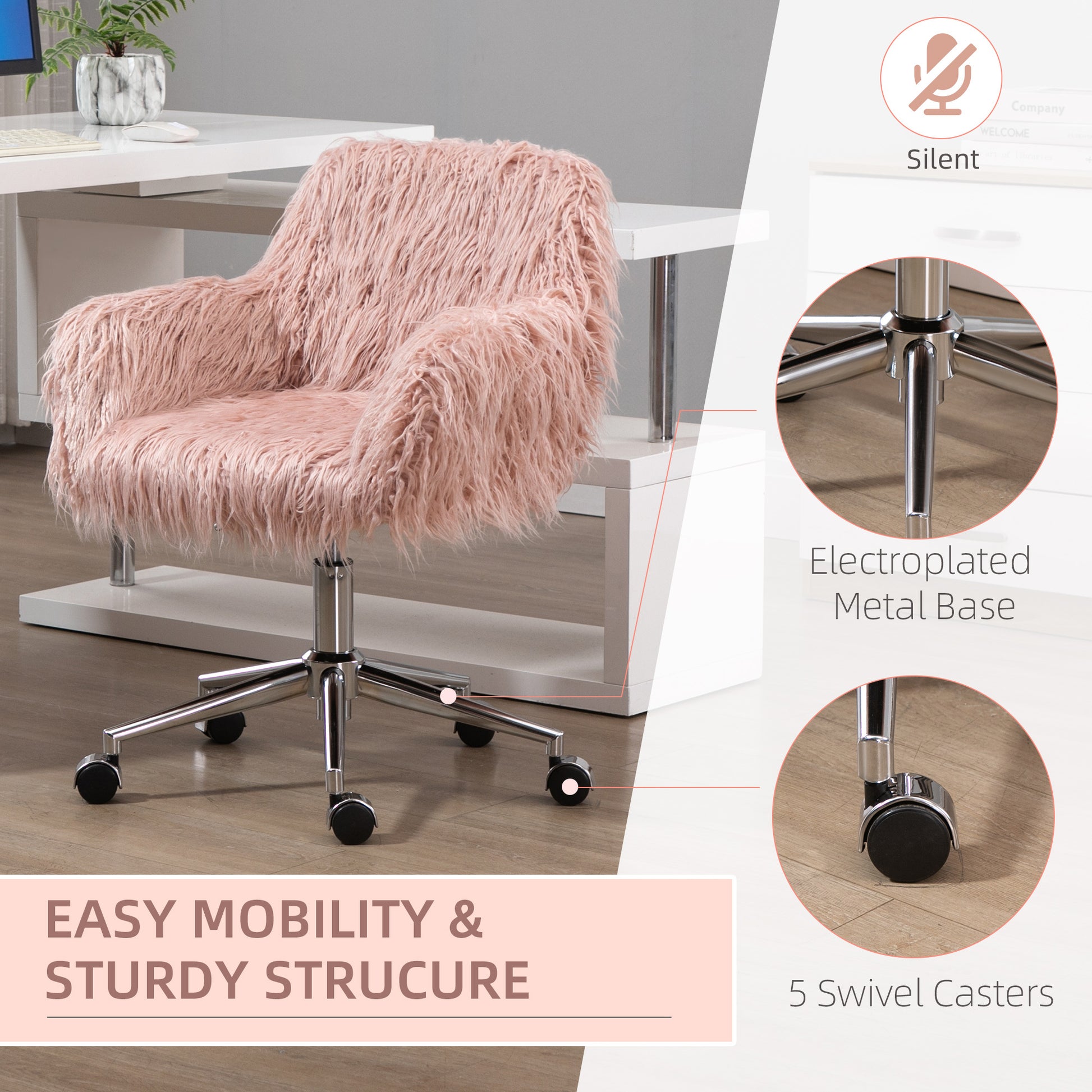 Vinsetto Faux Fur Desk Chair, Swivel Vanity Chair With Adjustable Height And Wheels For Office, Bedroom, Pink Pink Metal