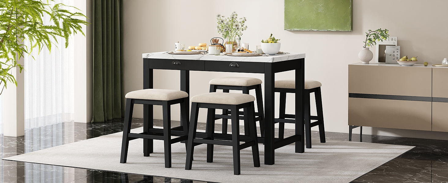 5 Piece Modern Faux Marble Versatile Bar Table Set With Storage Drawers And Padded Stools, Ideal For Space Saving Dining Nooks Or Small Kitchens Black Black Solid Wood Mdf