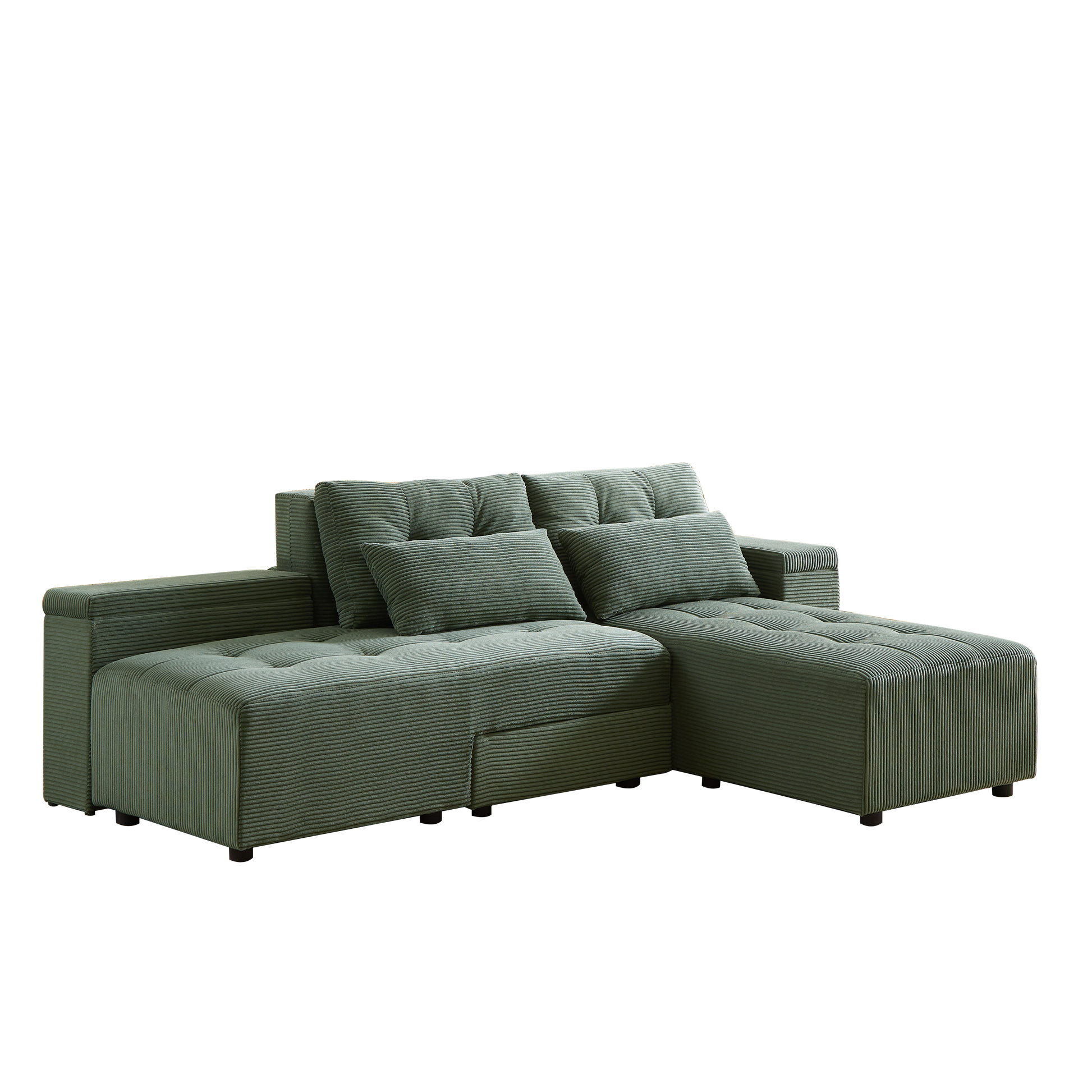 Convertible 3 In 1 Sleeper Sofa And Sectional Sofa With 4 Storage Space For Living Room,Corduroy Couch With 4 Pillows,Corduroy Army Green Corduroy 3 Seat