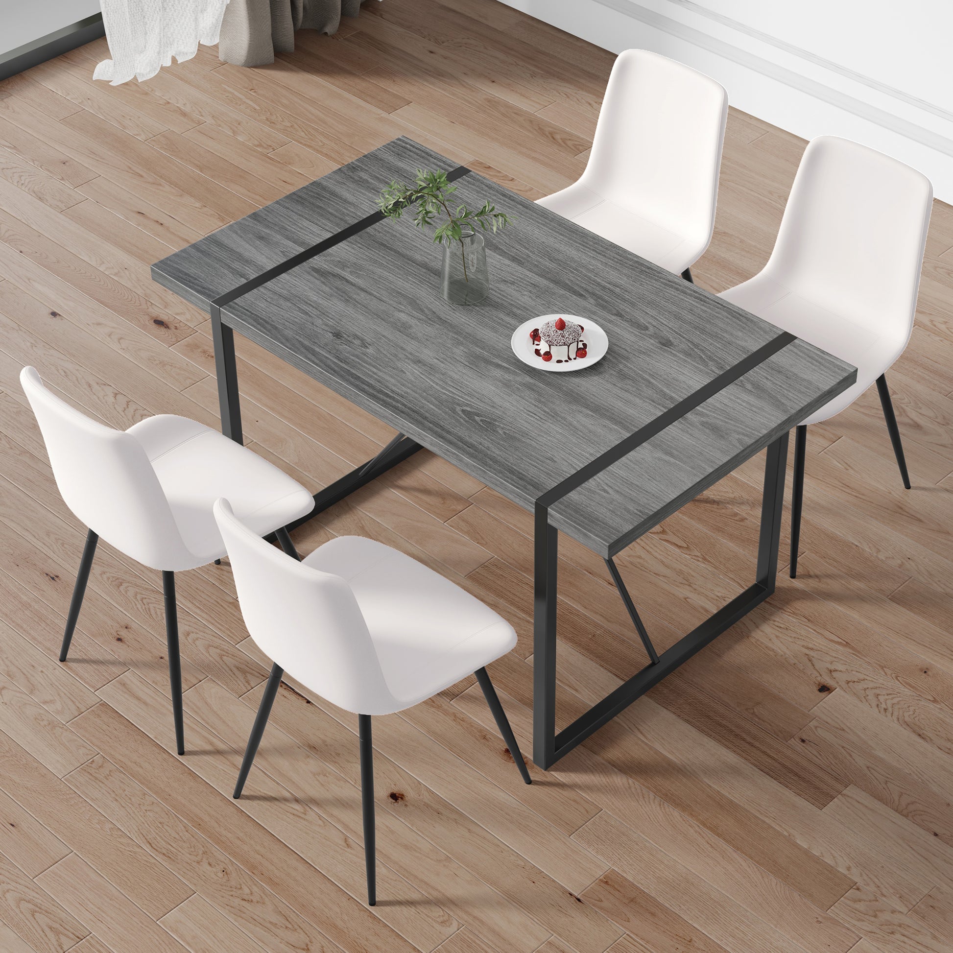 Table And Chair Set, Textured Top In Vintage Retro Grey Wood Grain Desktop, Black Metal Legs. Dining Chair With White Faux Leather Backrest Cushion With Black Metal Legs. Gray,Wood Seats 4 Mdf Metal