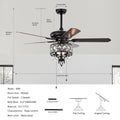 52'' Crystal Shade Ceiling Fan Lamp With Remote Control,3 Speed ,4 Timing5 Reversible Blades Crystal Ceiling Fan ,3Pcs*E12 No Include Bulb Hand Pull Chain Matte Black American Traditional,Antique,Classic,Contemporary Crystal Metal