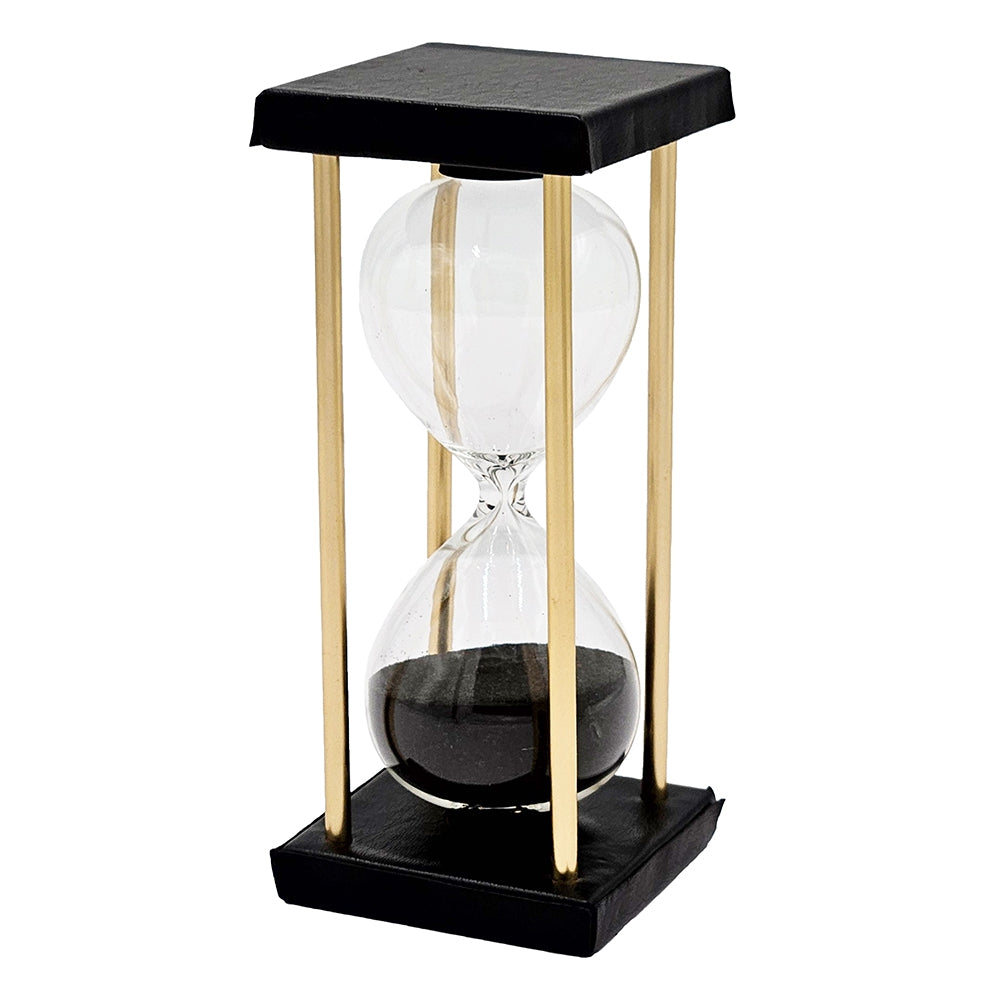 3X3X7" Stanley 15 Minute Hourglass, Framed With An Metal Stand, Black Black Glass Metal,Mdf,Pu Leather