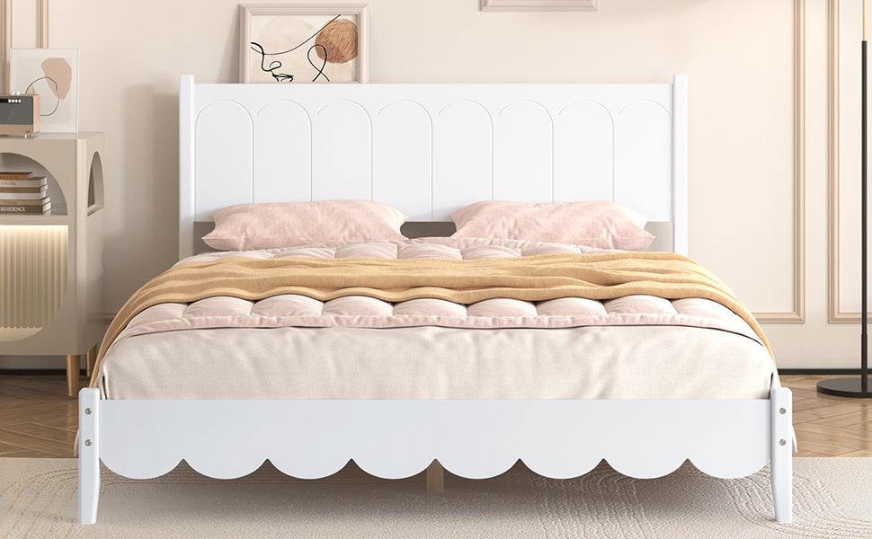 Queen Size Wood Platform Bed Frame, Retro Style Bed With Rectangular Headboard,No Need Box Spring,White Queen White Wood