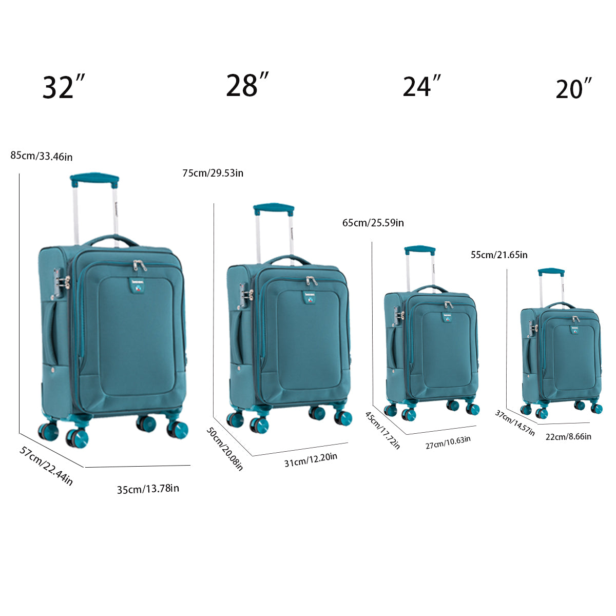 Four Piece Fabric Luggage Set, Expandable Suitcase For Travel, School And Business Trip 20 24 28 32In Dark Green Fabric