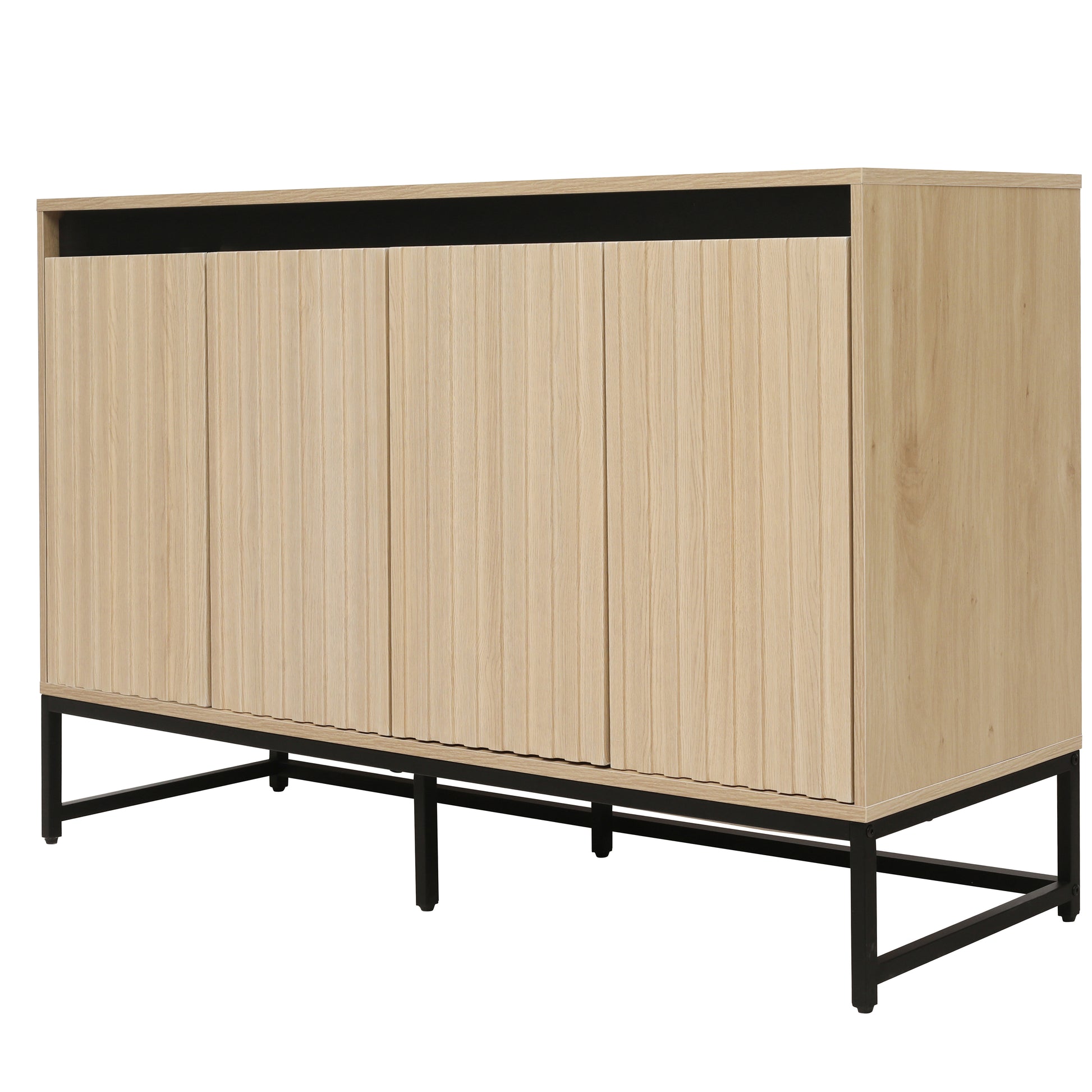 Carved 4 Door Sideboard With Led, Buffet Cabinet Storage Cabinet Modern Coffee Bar Cabinet With Adjustable Shelf For Living Room,Diningroom,Kitchen Natural Modern Particle Board