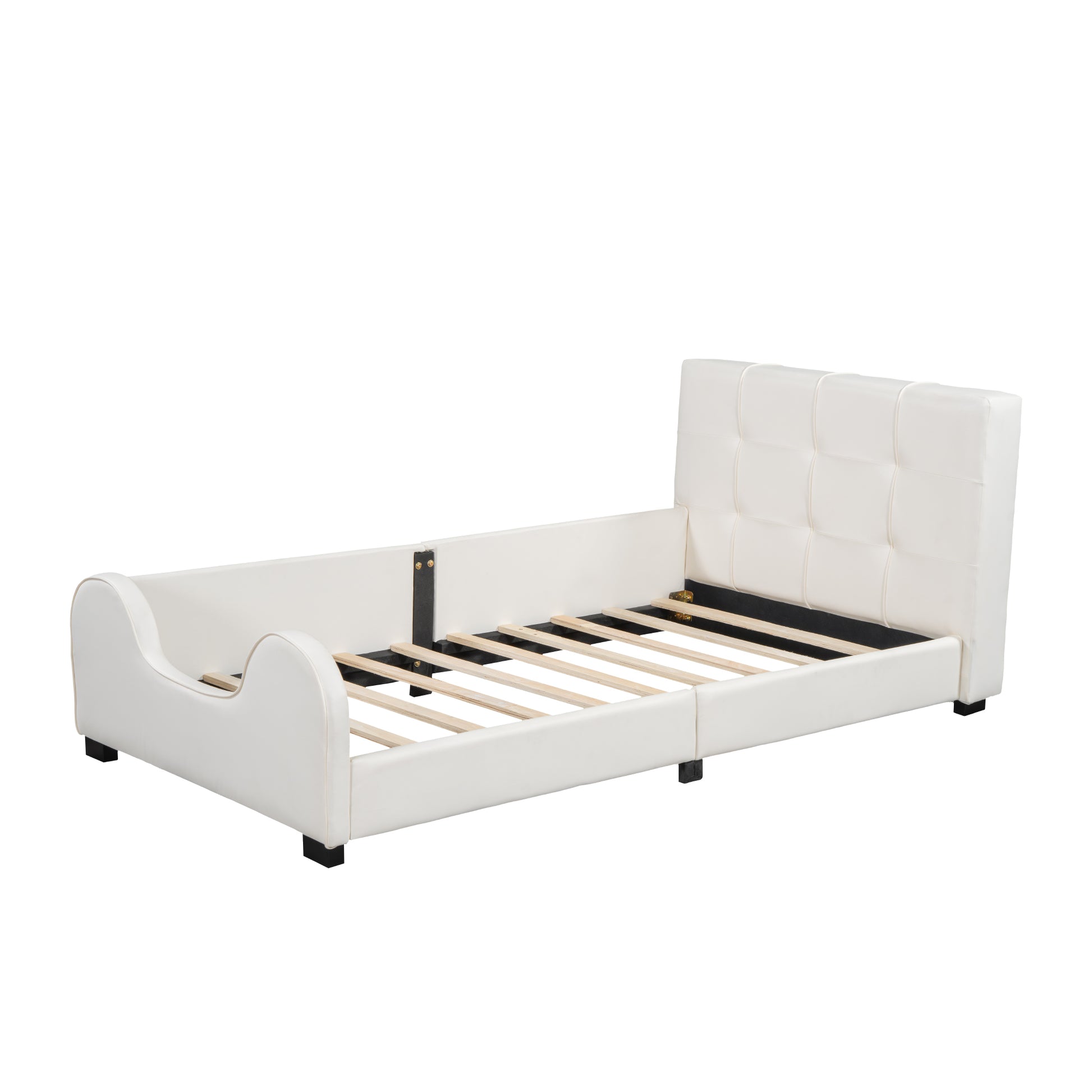 Twin Size Upholstered Platform Bed With Guardrail, White Box Spring Not Required Twin White Wood Faux Leather Upholstered