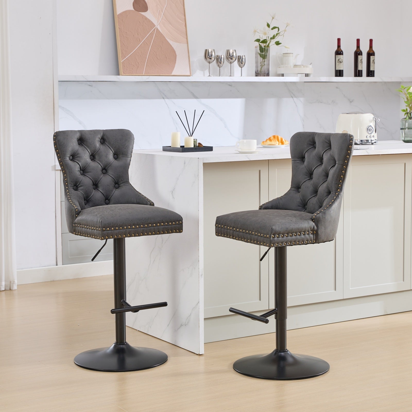 Aged And Retro Pu Swivel Barstools Adjusatble Seat Height From 25 33 Inch, Modern Bar Stools With Backs Comfortable Tufted For Home Pub And Kitchen Island Black,Set Of 2 Black American Design Bar Stools Set Of 2 Foam Pu Leather