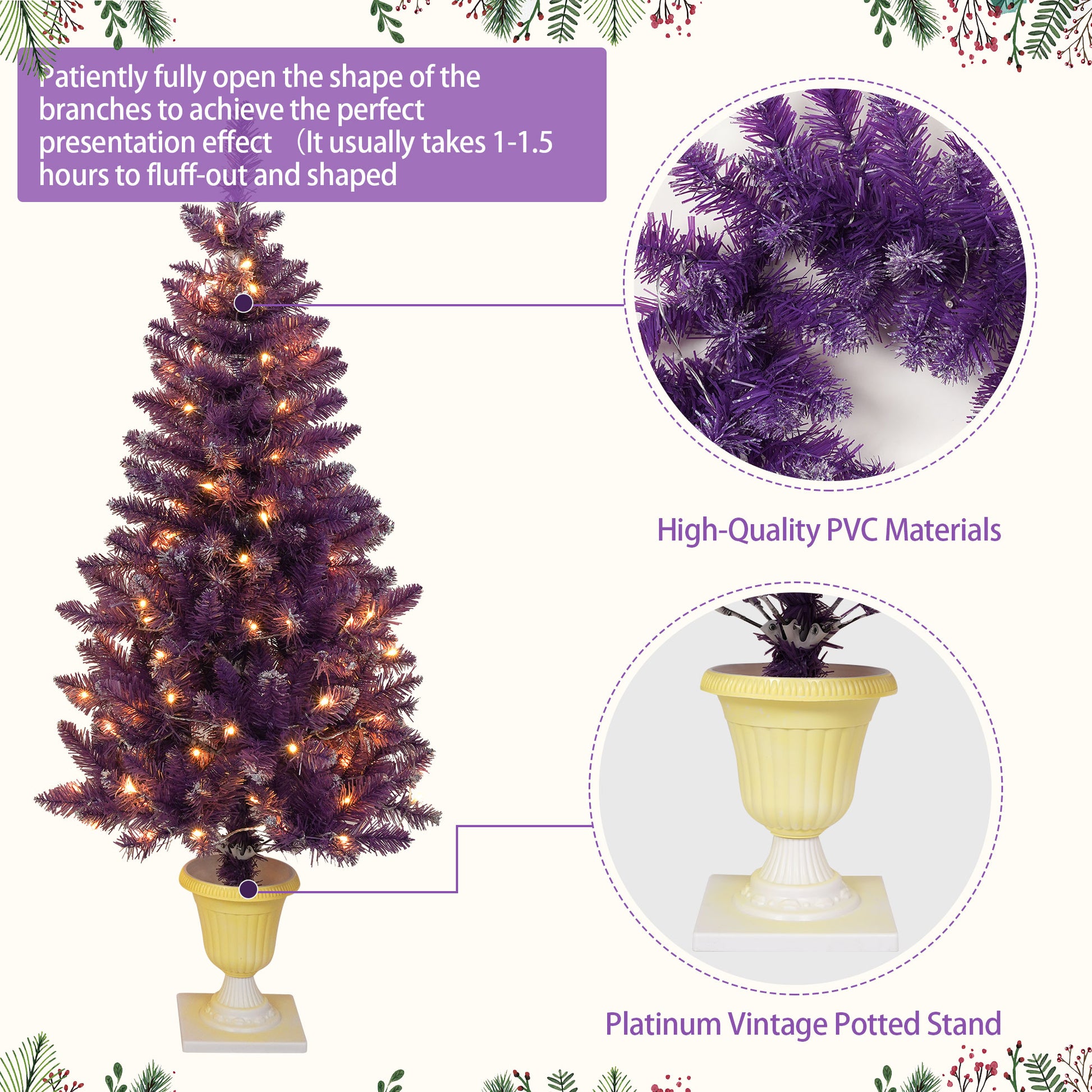 Pre Lit Christmas Artificial Tree 4 Piece Set, Garland, Wreath And Set Of 2 Entrance Trees, X Mas With Led Lights, Pvc Festival Celebration Set, Purple Purple Pvc