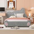 Full Size Velvet Platform Bed With Bear Shaped Headboard, With Bed End Storage Pocket, Gray Full Gray Plywood