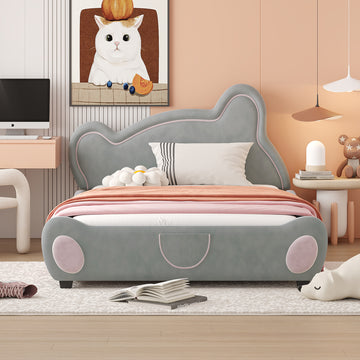 Full Size Velvet Platform Bed With Bear Shaped Headboard, With Bed End Storage Pocket, Gray Full Gray Plywood