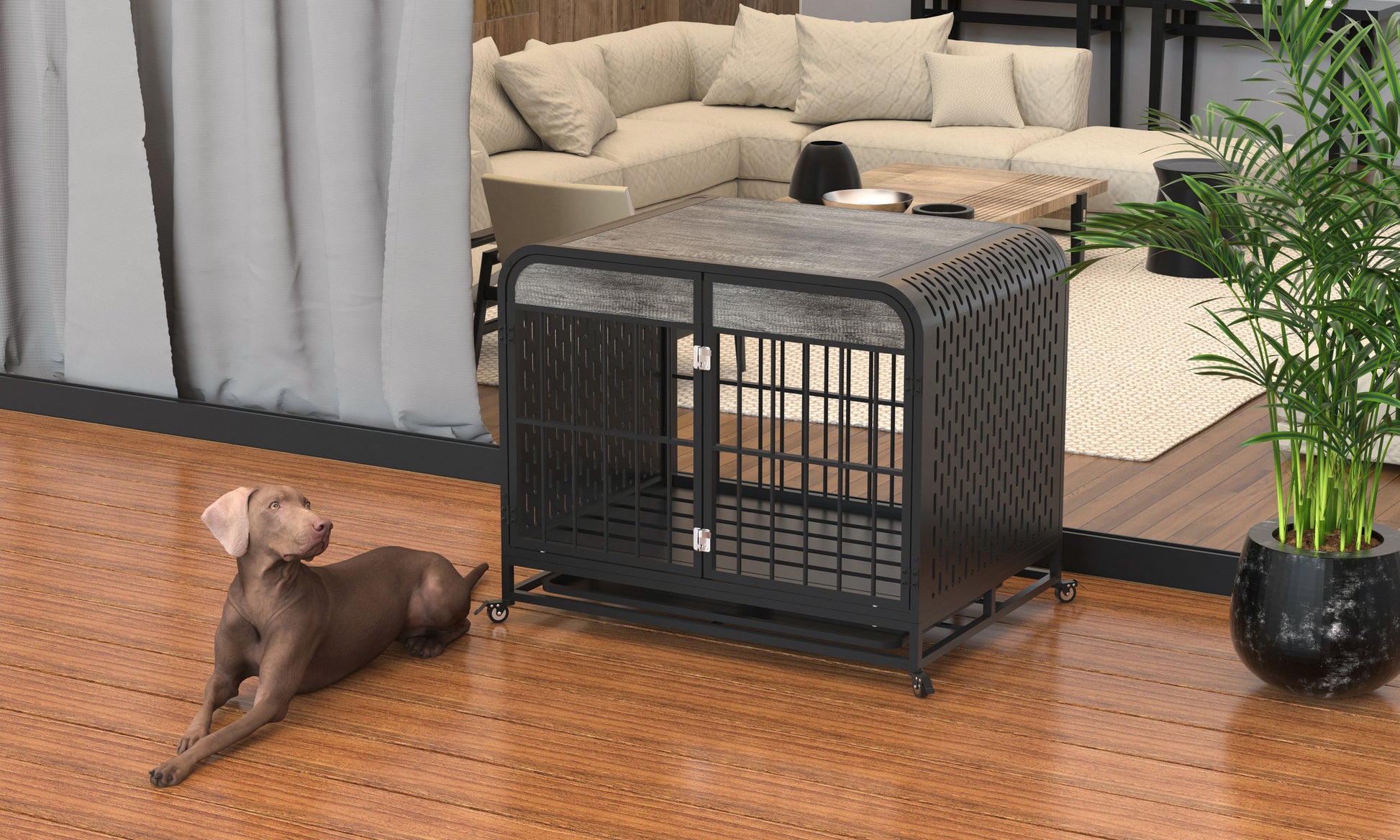 Heavy Duty Dog Crate Furniture Wooden Table Pet Dog Cage Kennel House Indoor Side End Table Decor With Removable Trays And Lockable Wheels For Small Dogs 33" Grey Grey Outdoor Kennel Small 11 25 Lbs Mdf Steel