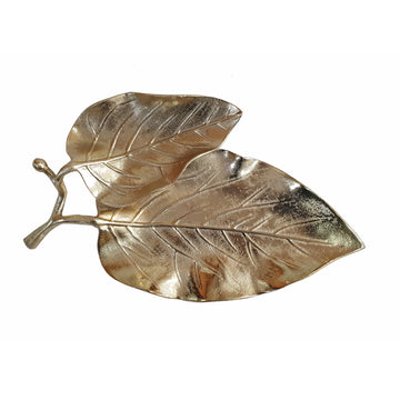 16 Inch Artisanal Dual Leaf Decorative Platter, Lightweight Aluminum, Gold Gold Aluminum