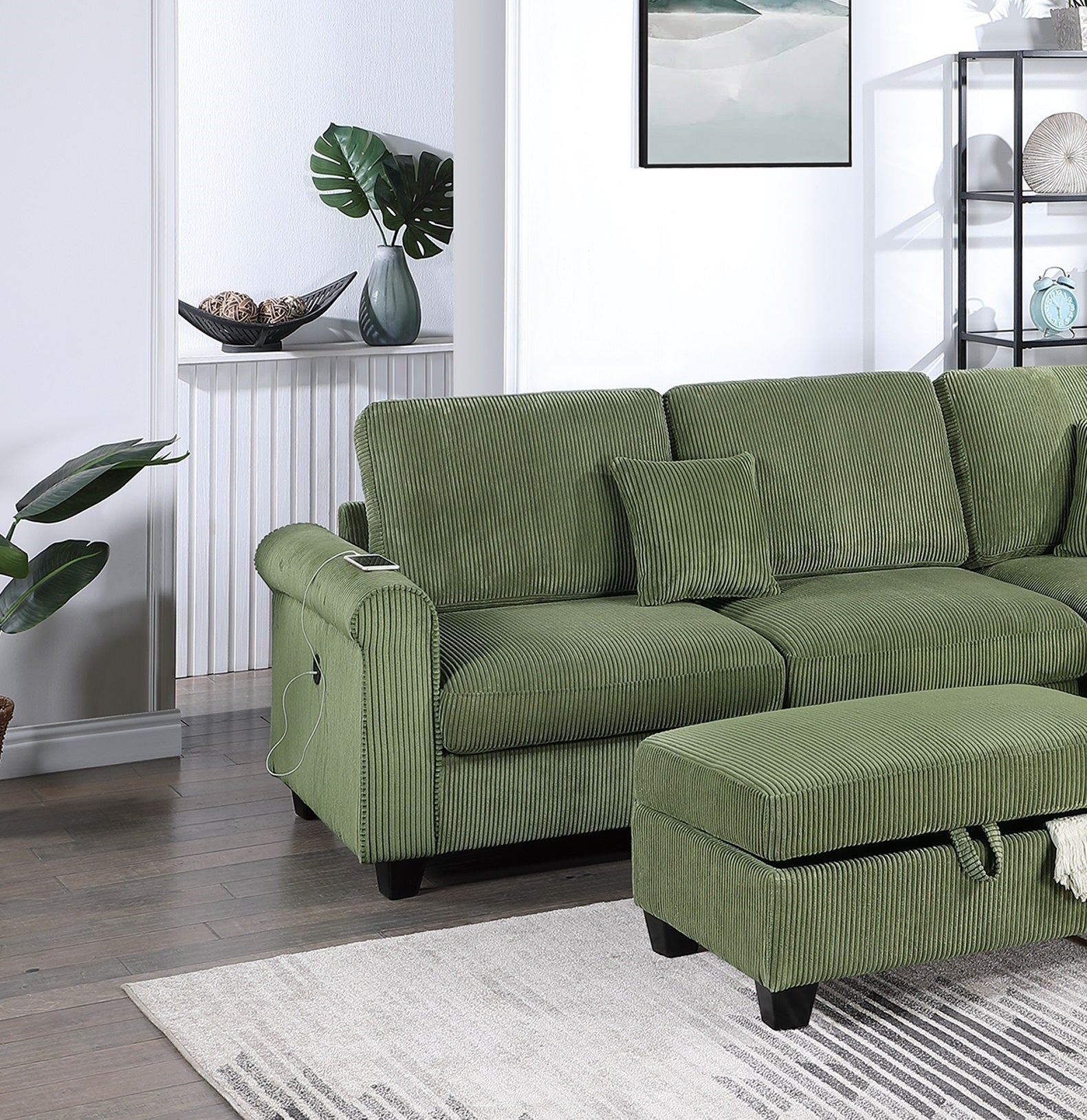 Gorgeous Sage Color 3Pc Sectional Set Corduroy Upholstered Laf Sofa Raf Chaise Ottoman L Sectional Living Room Furniture Sage Primary Living Space Cushion Back Contemporary,Modern L Shaped Rubberwood Rolled Arms Corduroy 6 Seat