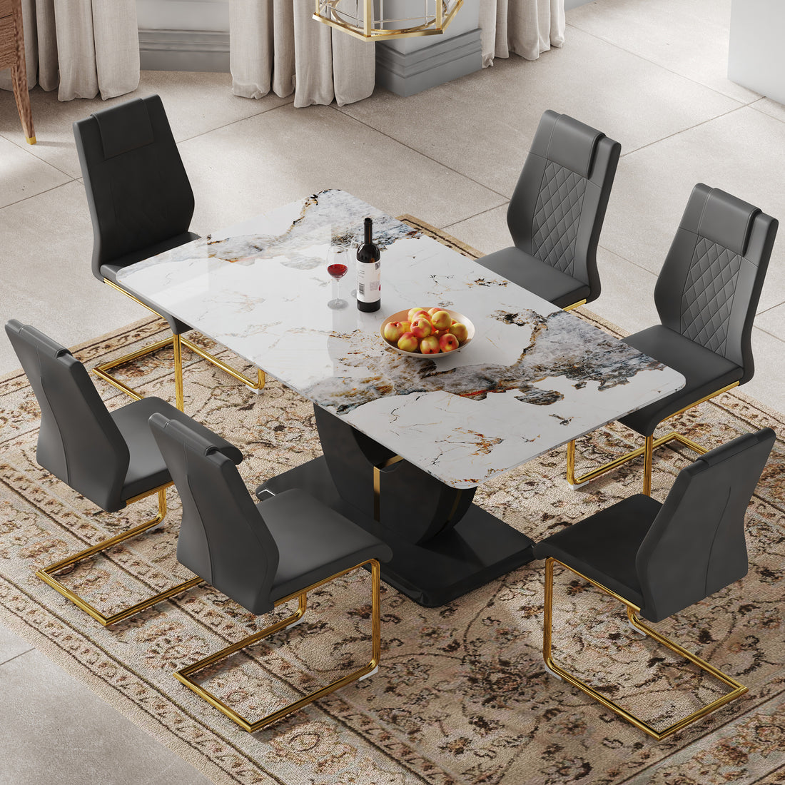 Table And Chair Set, Modern Dining Table, Patterned Table Top And Black Mdf Leg Table, Soft And Comfortable Dining Chair, Perfect For Dinner, Meetings, Home And Office Decor Grey Black Mdf Glass