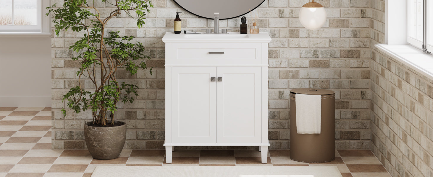 30 Inch Bathroom Vanity With Ceramic Basin, Soft Close Door And Adjustable Shelves White Bathroom Solid Wood Mdf