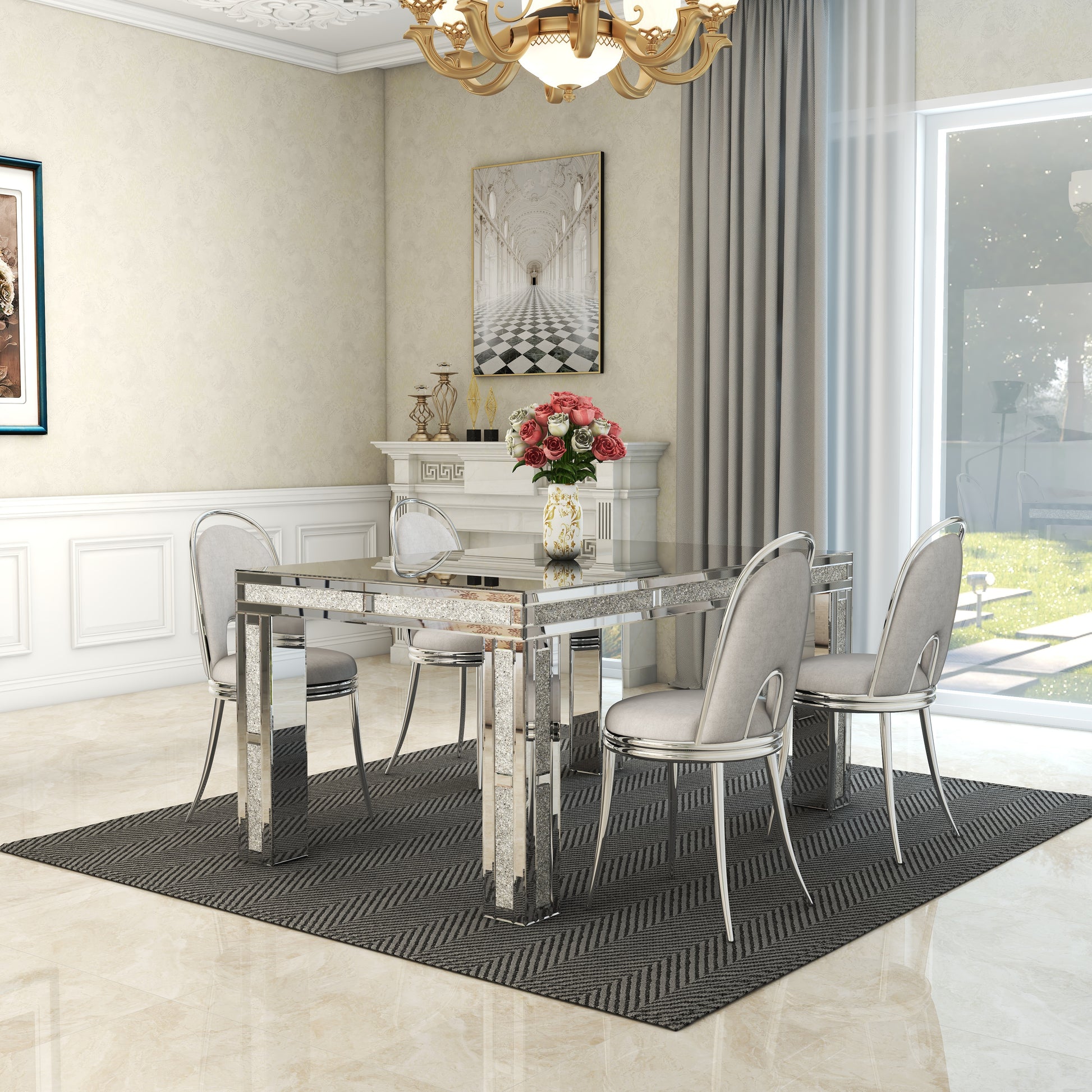 51.18" Mirrored Glass Dining Table With 4 Legs And Crushed Diamond Inlay Silver Seats 6 Mirrored Finish Desk And Hutch Primary Living Space Modern Freestanding Rectangular Kitchen & Dining Tables