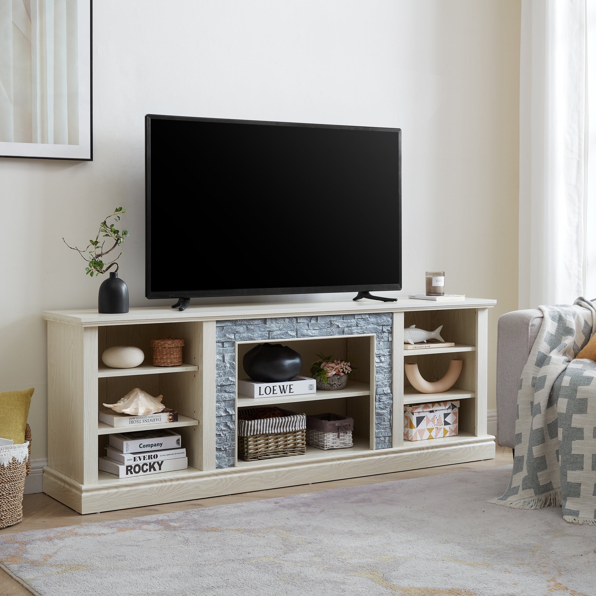 Large Tv Desk Storage Rack With Faux Stacked Stone Surround,Media Console Table With Large Storage Cabinet,Modern Tv Media Entertaionment Stand,White, 70.12"W*15.35"D*25.83"H White 70 79 Inches Mdf