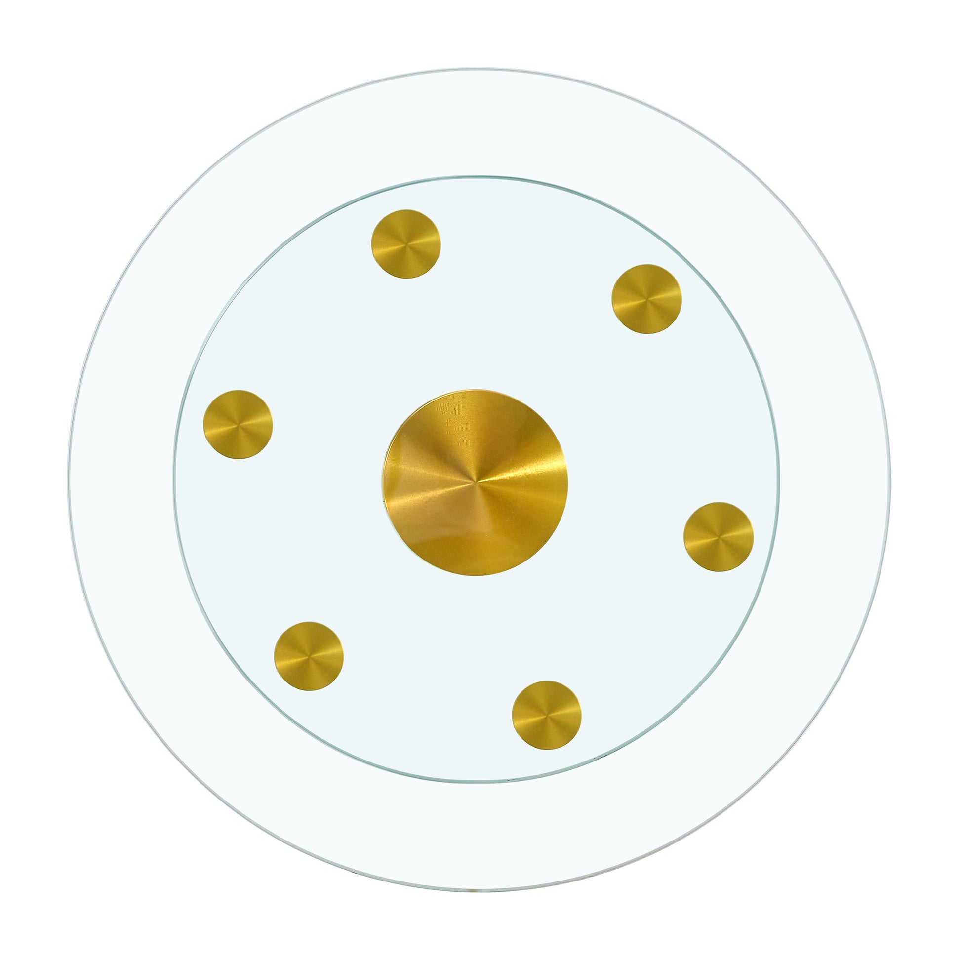 Double Layer Rotatable Round Glass.Golden Aluminum Plate,The Rotatable Design Makes It Convenient To Retrieve And Place Items.The Upper Glass Has A Diameter Of 20 Inches,The Lower Glass15 Inches.