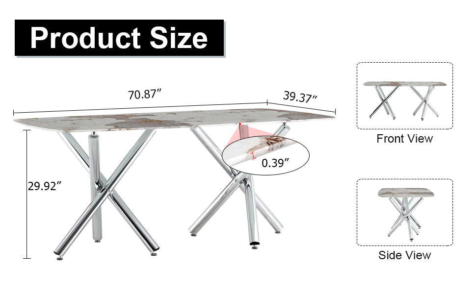 Table And Chair Set.A Rectangular Dining Table Suitable For 4 8 People, Equipped With A Marble Patterned Glass Tabletop And Metal Legs.8 Chairs With Faux Leather Upholstered Seats And Silver Legs. Black Silver Seats 8 Glass Metal