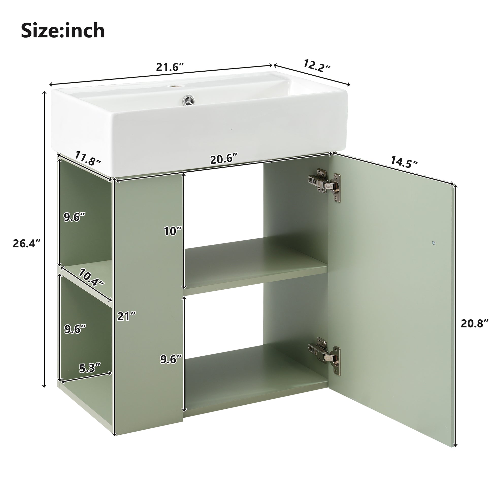 Video 21.6 Inch Modern Floating Bathroom Vanity With Ceramic Basin Perfect For Small Bathrooms, Left Side Storage Green Bathroom Ceramic Mdf