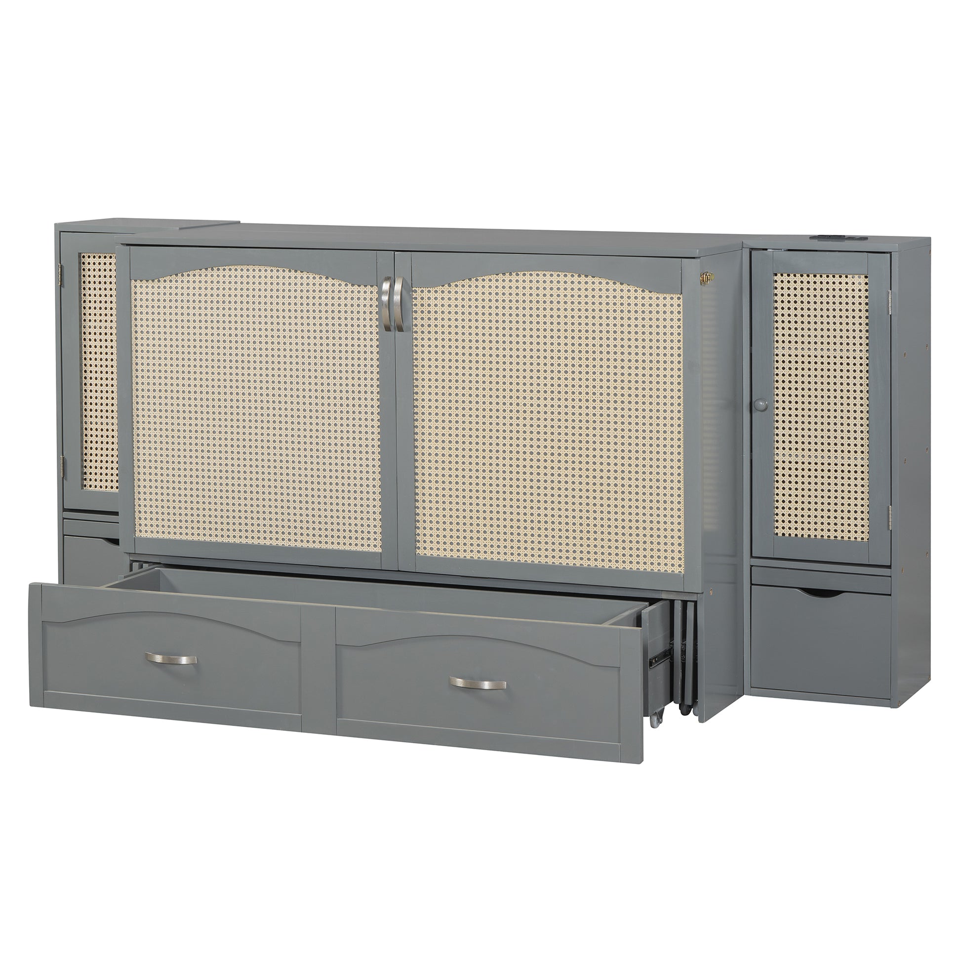 Full Size Murphy Bed Wall Bed With Drawer And Rattan Decoration With 2 Storage Cabinets, One Set Of Sockets & Usb Ports, Pulley Structure Design, Gray Full Gray Plywood