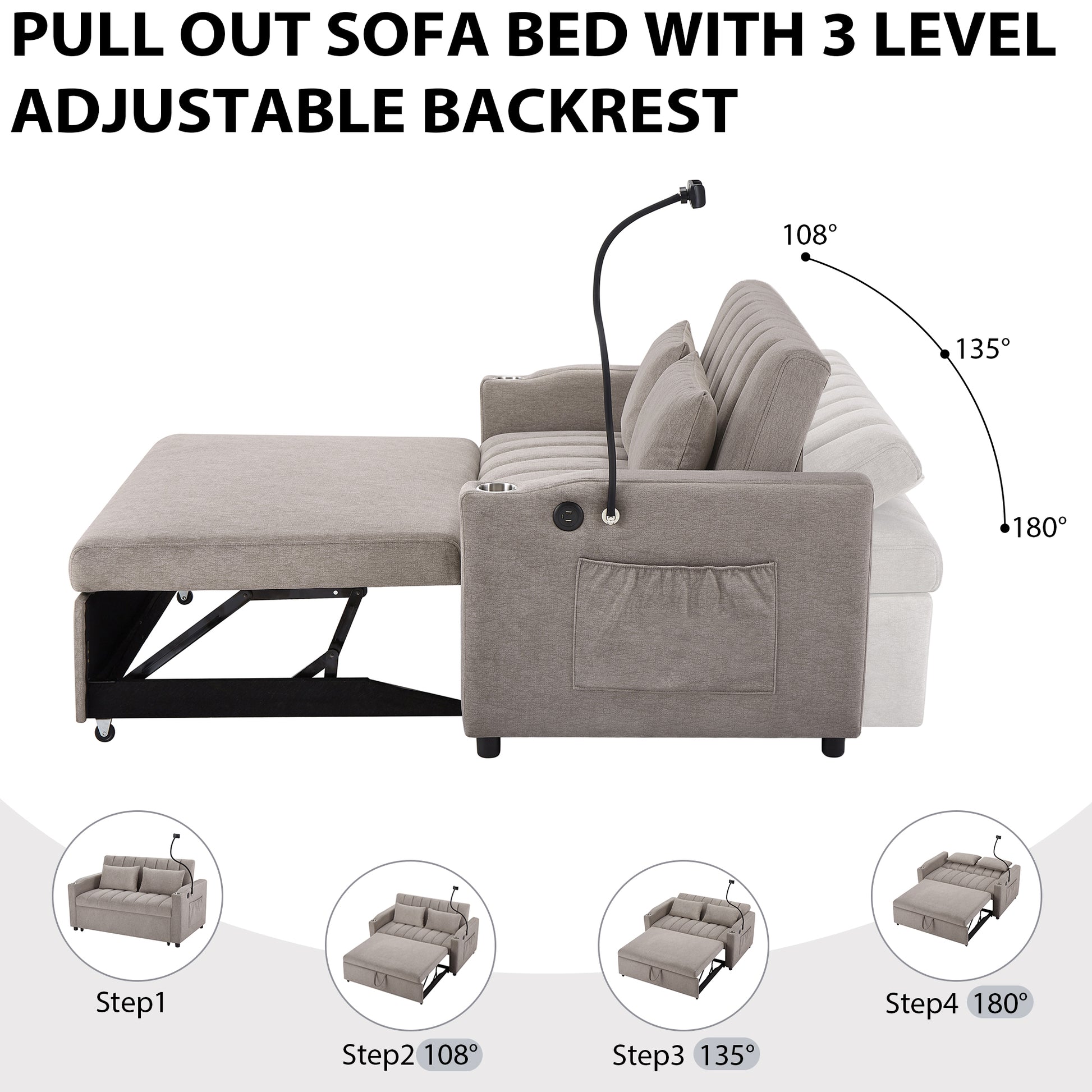 55.9" Convertible Sofa Bed Loveseat Sofa With Three Usb Ports, Two Side Pockets, Two Cup Holders And 360 Swivel Phone Holder For Living Room, Light Grey Light Grey Foam Polyester