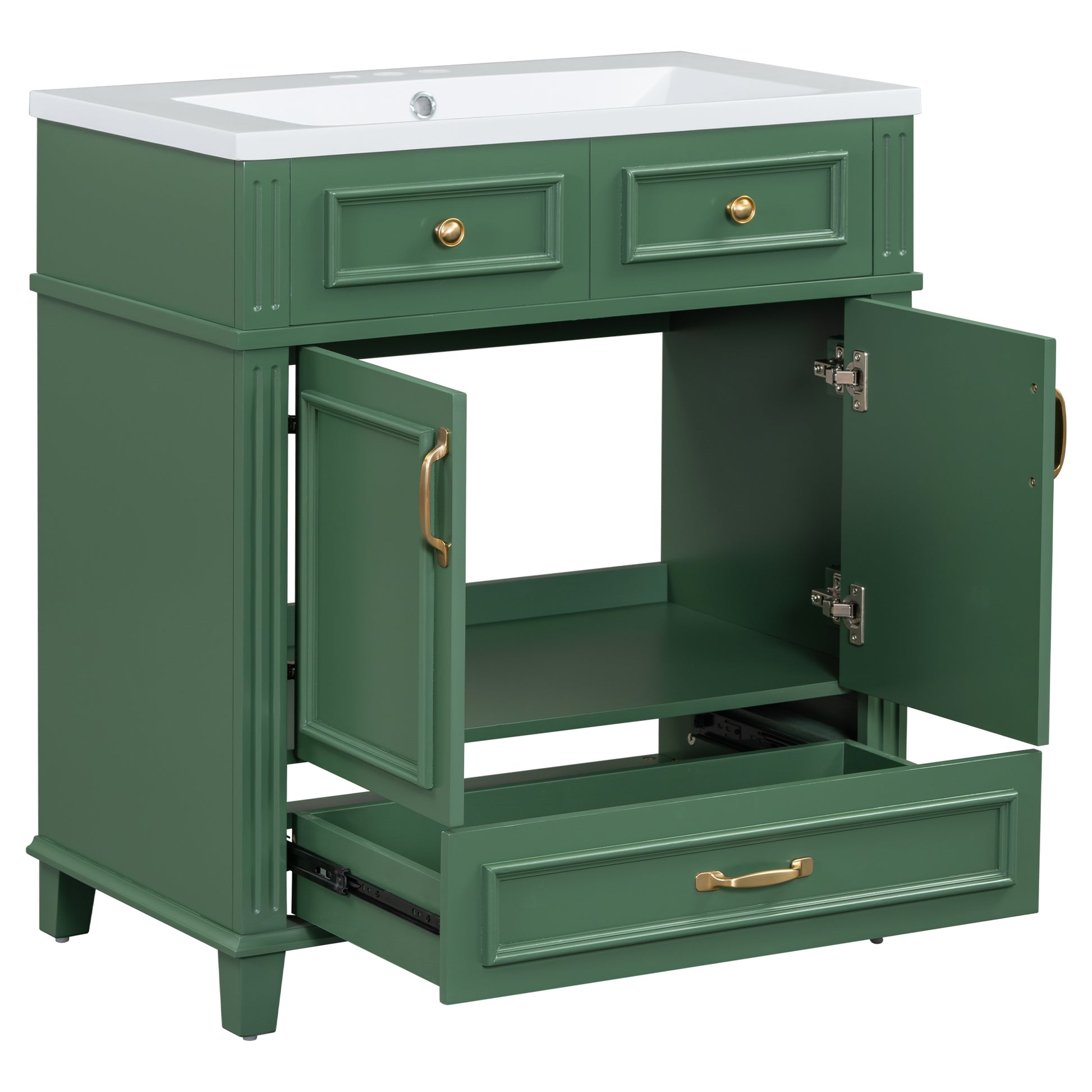 30'' Bathroom Vanity With Resin Sink, Solid Wood Frame Bathroom Storage Cabinet With Soft Closing Doors, Retro Style, Green Same As Sw000118Aaf Green Bathroom Modern Solid Wood Mdf Resin