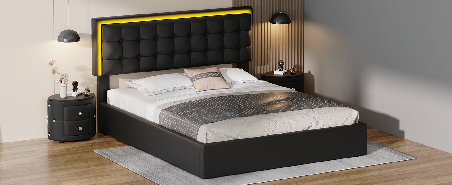 3 Pieces Bedroom Sets,Queen Size Upholstered Bed With Led Lights,Hydraulic Storage System, Two Nightstands With Crystal Decoration,Black Queen Black 3 Piece Set Wood