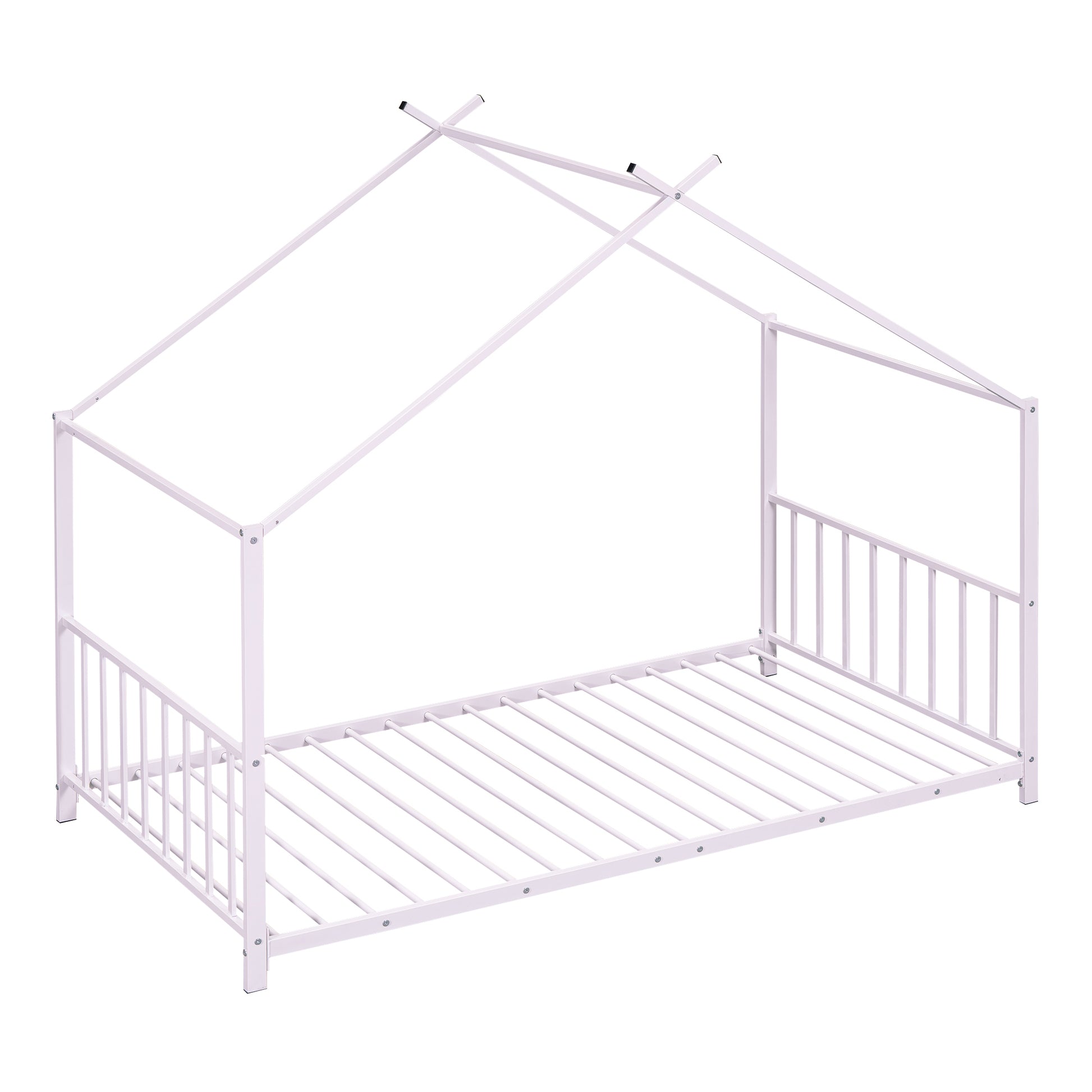 Twin Size Metal House Platform Bed, Pink Box Spring Not Required Twin Pink Metal Bedroom Bed Frame Metal