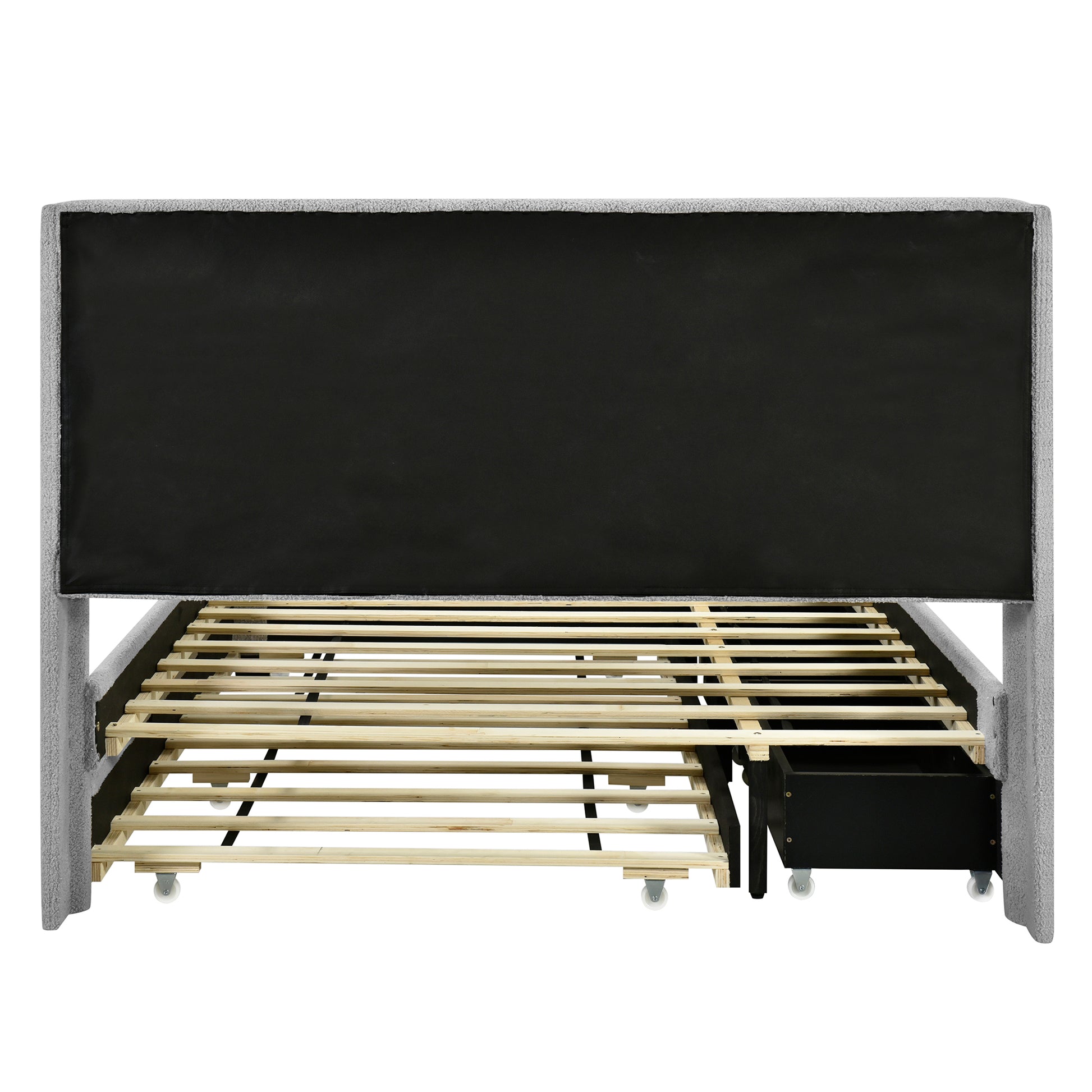 Queen Size Upholstered Platform Bed With Led Frame, With Twin Xl Size Trundle And 2 Drawers, Teddy Fleece, Gray Gray Fleece