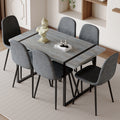 Table And Chair Set. A Minimalist Retro Rectangular Dining Table With A Specially Textured Top And Black Metal Legs, Paired With 6 Soft Chairs And Black Metal Legs, Showcases A Beautiful Home Style.