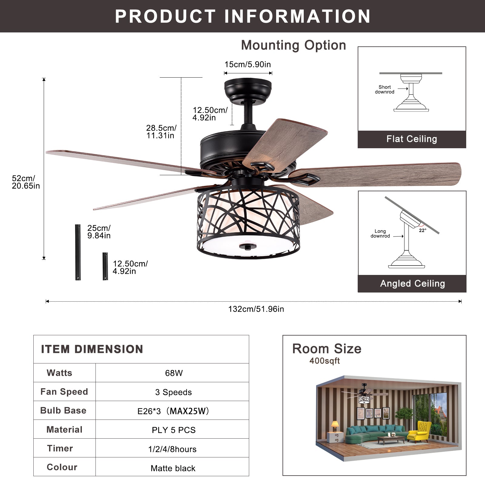 52'' Low Profile Ceiling Fan With Lights No Include Bulb ,Blade Dark Wood Ceiling Fan Matte Black American Design,American Traditional,Antique,Farmhouse,Industrial Plywood Metal