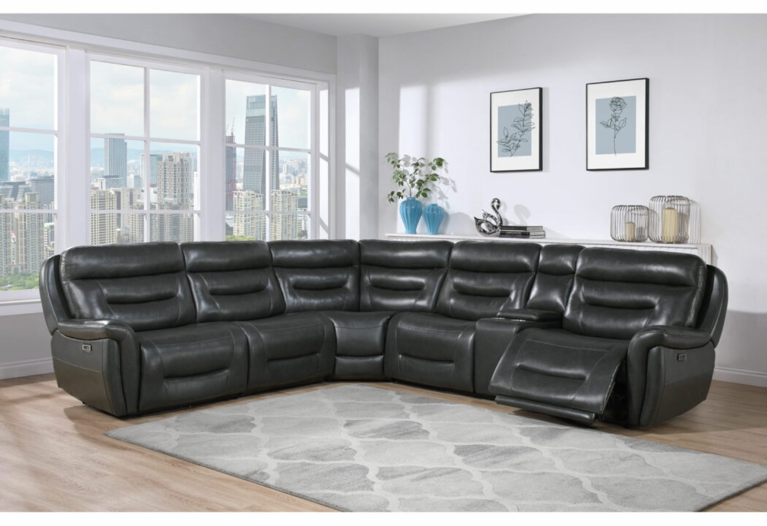 Starch Blanche Charcoal Sectional Dark Grey Pu 5 Seat