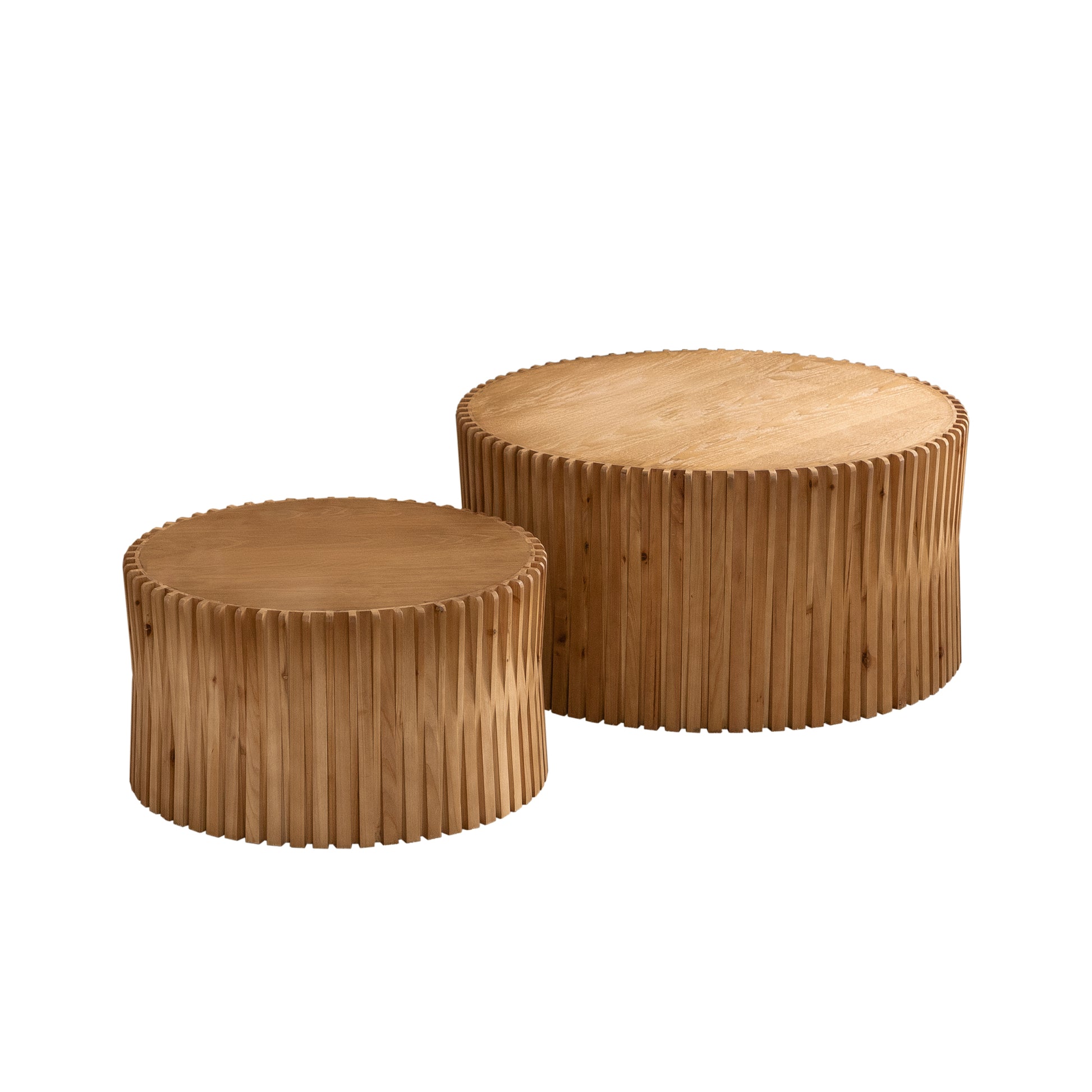 Vintage Fashion Style Cylindrical Nesting Coffee Table Set With Vertical Textured Embossed Design For Living Room, Office And Dining Room, Natural Set Of 2 Natural Mdf